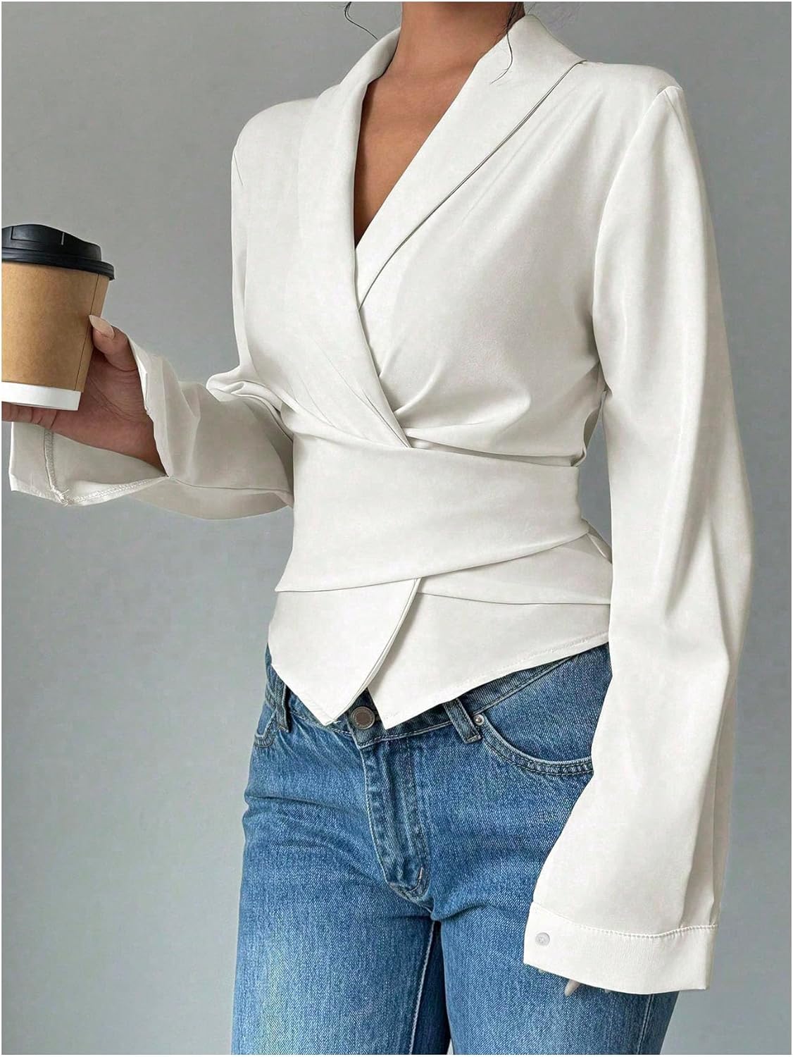 Floerns Women's Elegant Shawl Collar Shirts Long Sleeve Wrap Tie Back Work Blouse Tops - Image 4