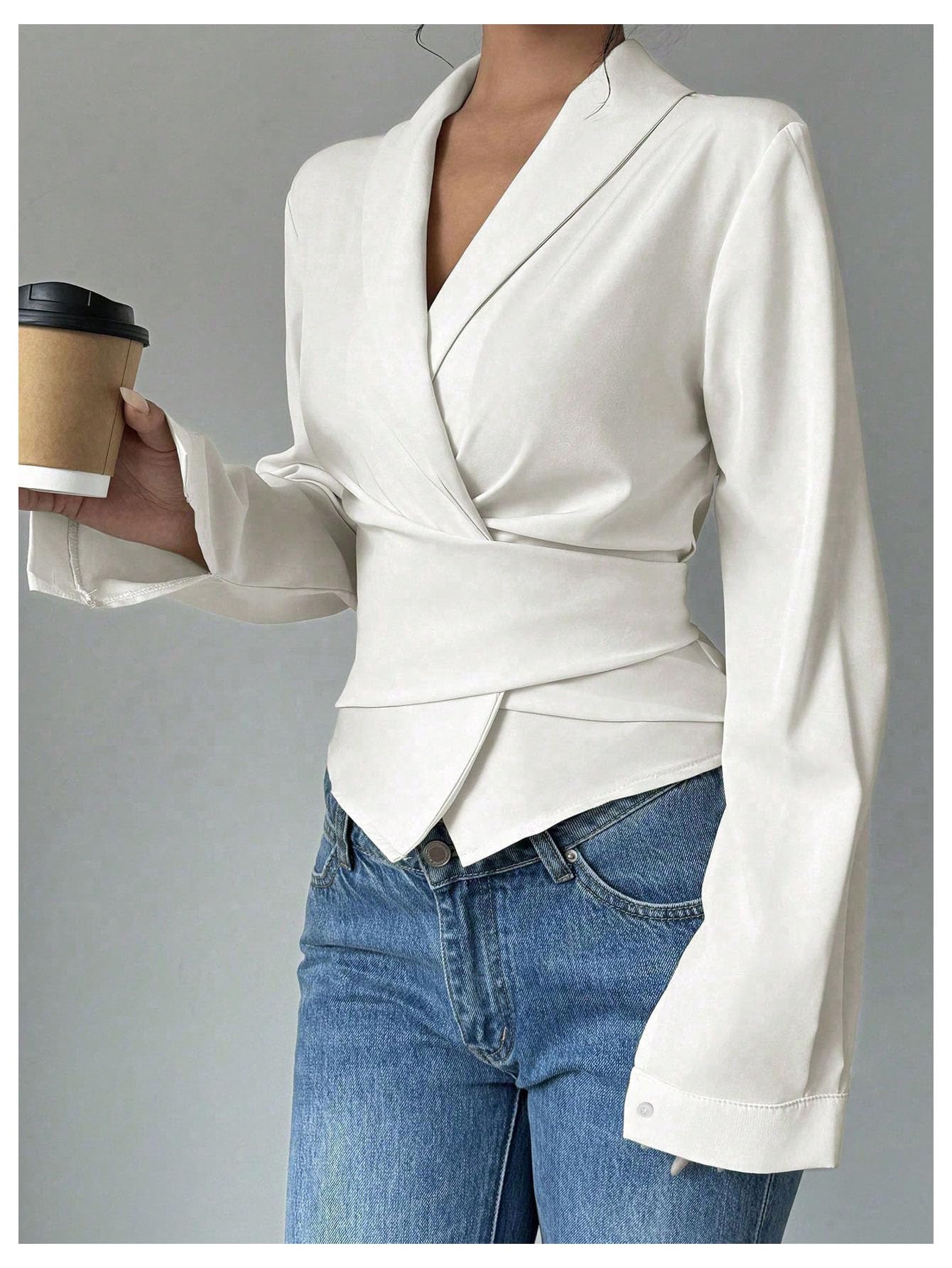 Floerns Women's Elegant Shawl Collar Shirts Long Sleeve Wrap Tie Back Work Blouse Tops