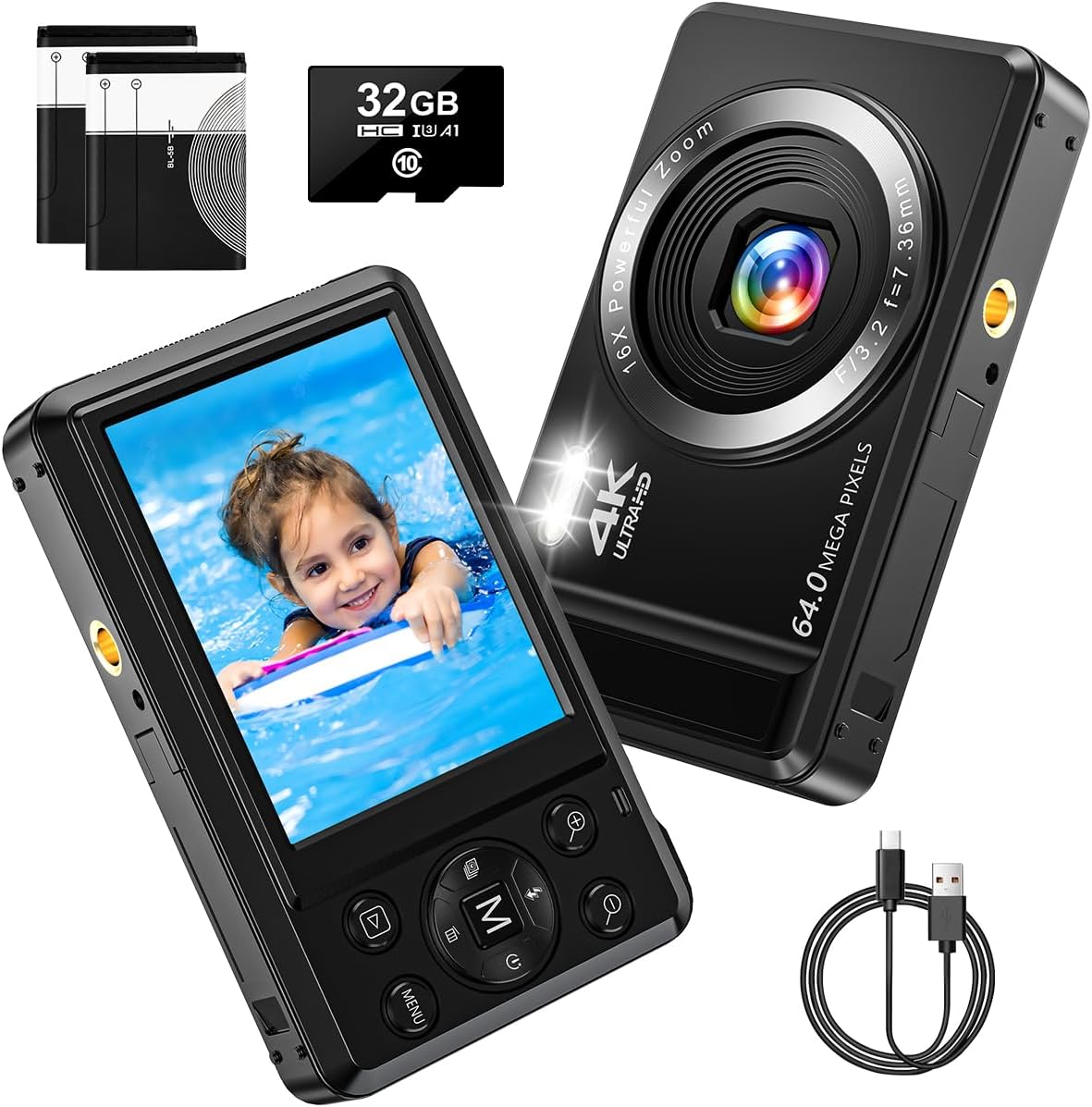 Digital Camera - 4K 64MP with 16x Digital Zoom, 2.8'' Compact Digital Camera with 32GB TF Card and 1200 mAh Battery, USB Cable, for Teenagers, Beginners