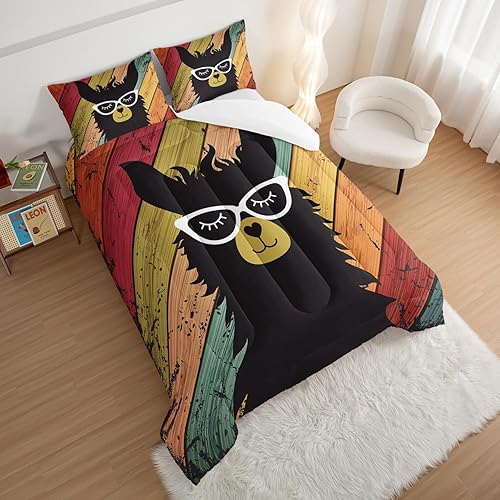 Miniatura 4 de HOSIMA Edredón de llama con 2 fundas de almohada, decoración divertida de habitación, con bonito patrón de alpaca, juego de ropa de cama de grano de