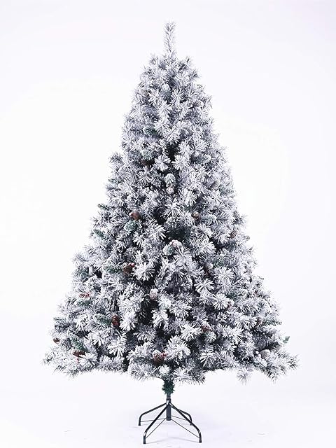 EVRE Snowy White Spruce Artificial Christmas Tree With Pine Cones & Berries 7ft with 1200 PVC Tips, Easy Build Hinged Branches & Strong Metal Stand