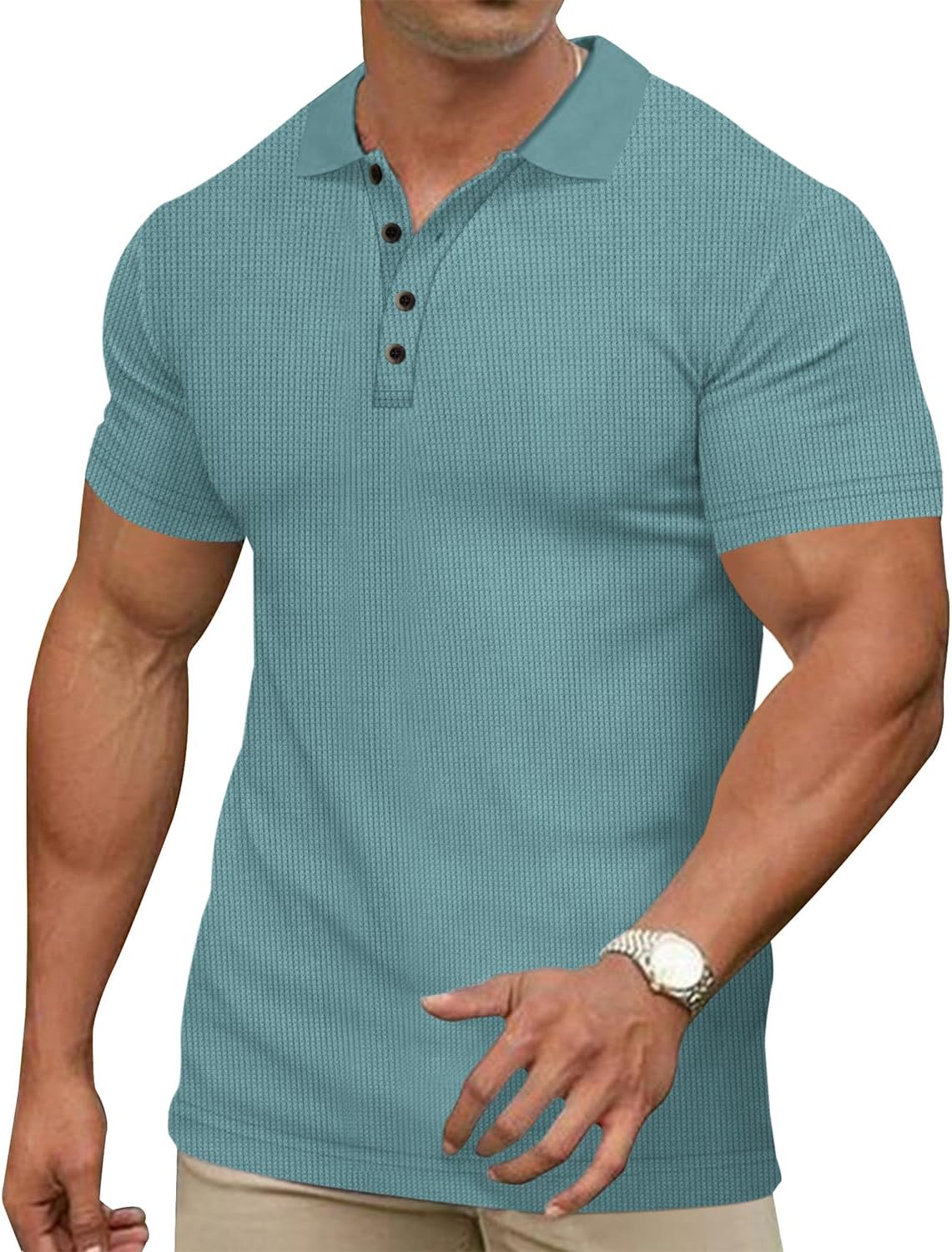 Men's Casual Polo Shirts Classic Button Basic Short Sleeve Waffle Solid Fit Golf Tees Stylish Tops - Image 3
