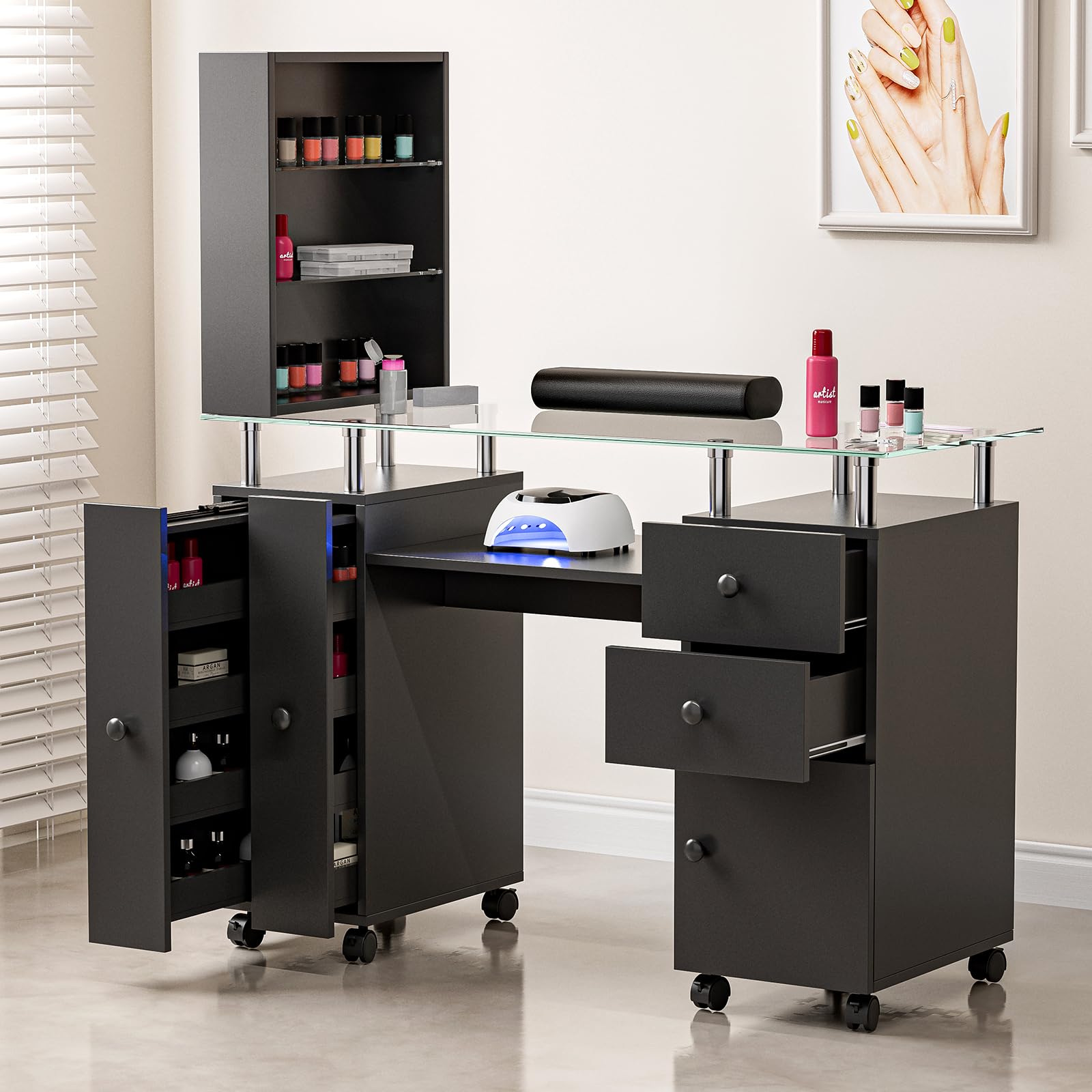 Paddie Manicure Table Nail Desk for Technician, Acetone Resistant Nail Tech Table Nail Table Station w/Glass Desktop, Wrist Cushion, 3-Tiers Shelves,