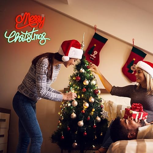 Miniatura 5 de NOSUN Letrero de neón de Feliz Navidad, letras rojas y verdes para decoración de pared, luces de neón de Navidad regulables, letrero LED de Feliz