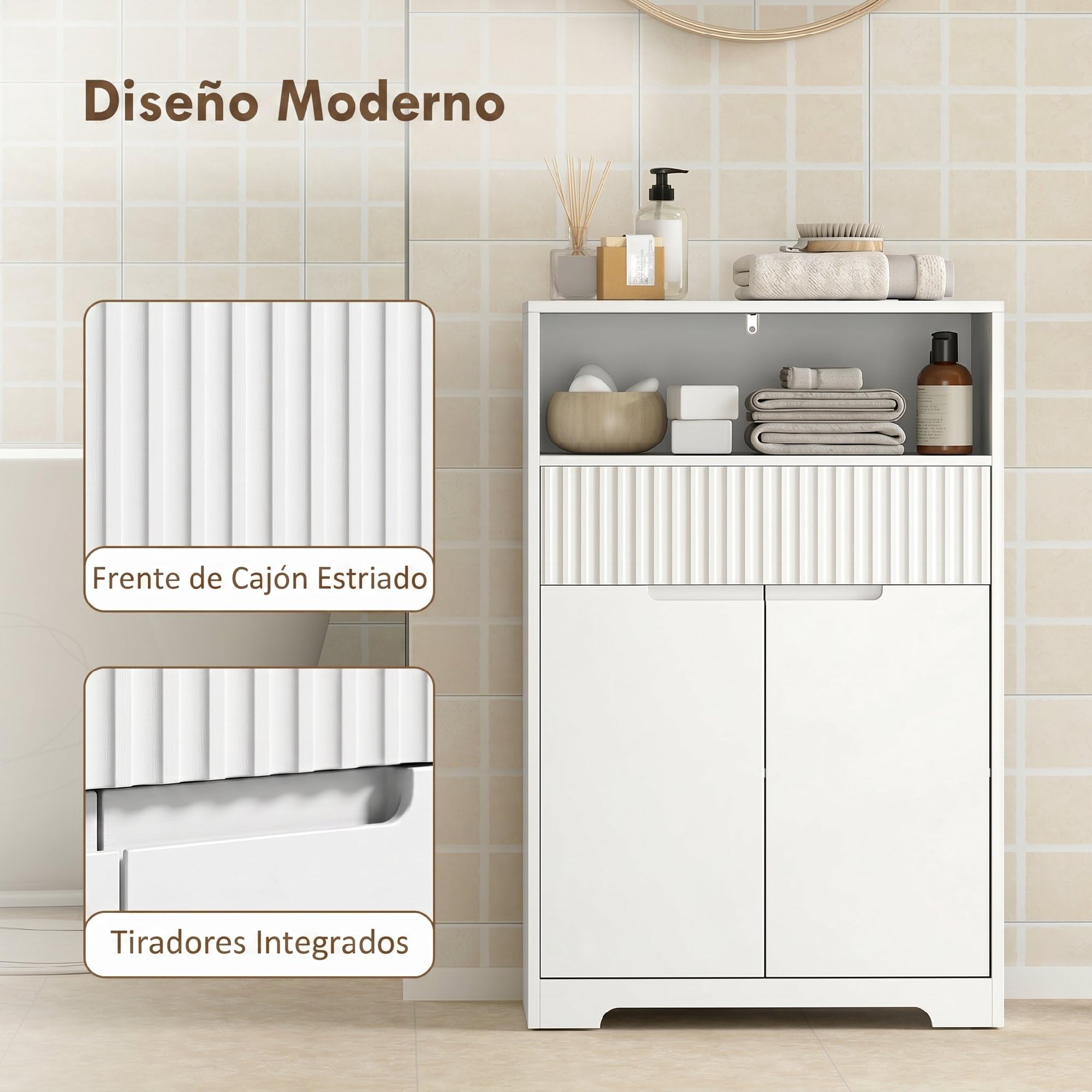 HOMCOM Armario de Baño Estrecho con Estante Ajustable 60x30x91,5 cm Blanco | Mueble de Baño, Cajón de Frontal Acanalado, Estante Abierto, 2 Puertas, Estilo Moderno