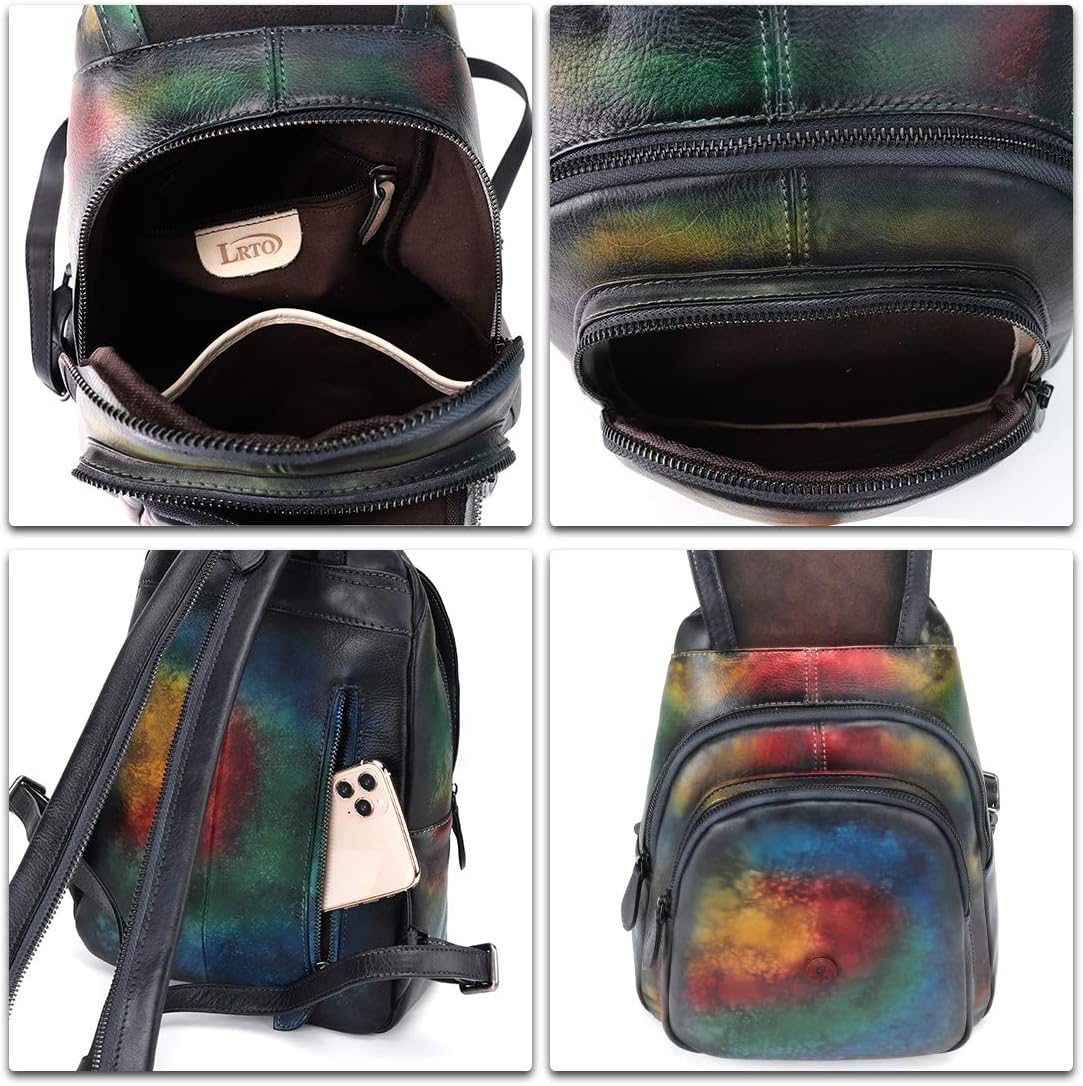 Genuine Leather Backpack for Women Retro Rucksack Casual College Bag Handmade Cowhide Western Daypack (Multicolor2) - Image 7