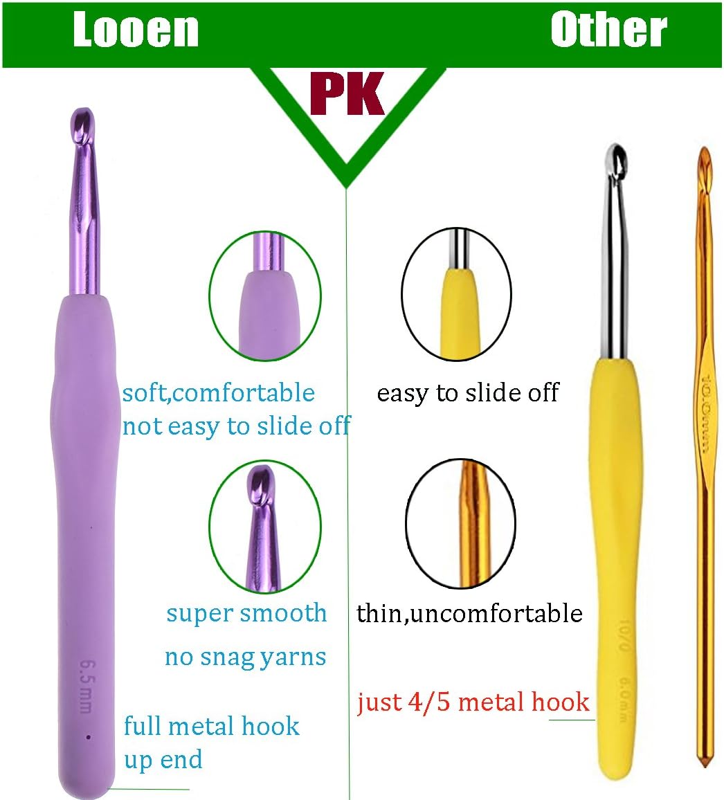 Looen Extra Long Ergonomic Crochet Hook Set with Case Rubber Soft-Touch Handle Grip Knitting Needles Hooks for Arthritic Hands-Good for Crocheting Project (Crochet Set with Blue case)