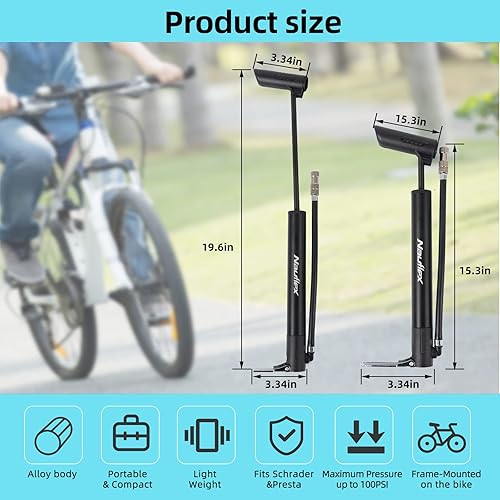 Miniatura 5 de NAUFLEX Mini bomba de bicicleta para válvula Schrader y Presta incluyendo aguja de bola - Bomba de aire de bicicleta portátil y compacta 6 bar