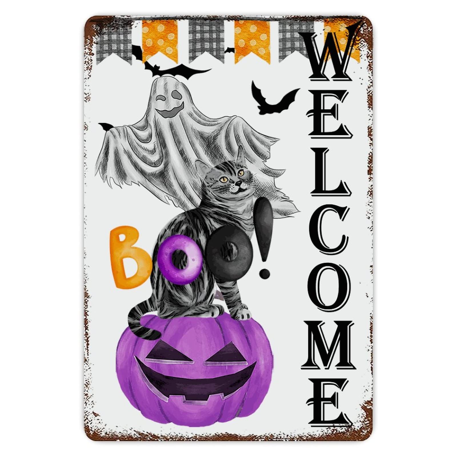 ENEDNATE Welcome Halloween Cat Pumpkin Ghost Aluminum Tin Metal Sign for Indoor Outdoor Business Retail Store Patio Yard Home Decoration Easy to Mount Wall Art Print Poster 8x12 Inch
