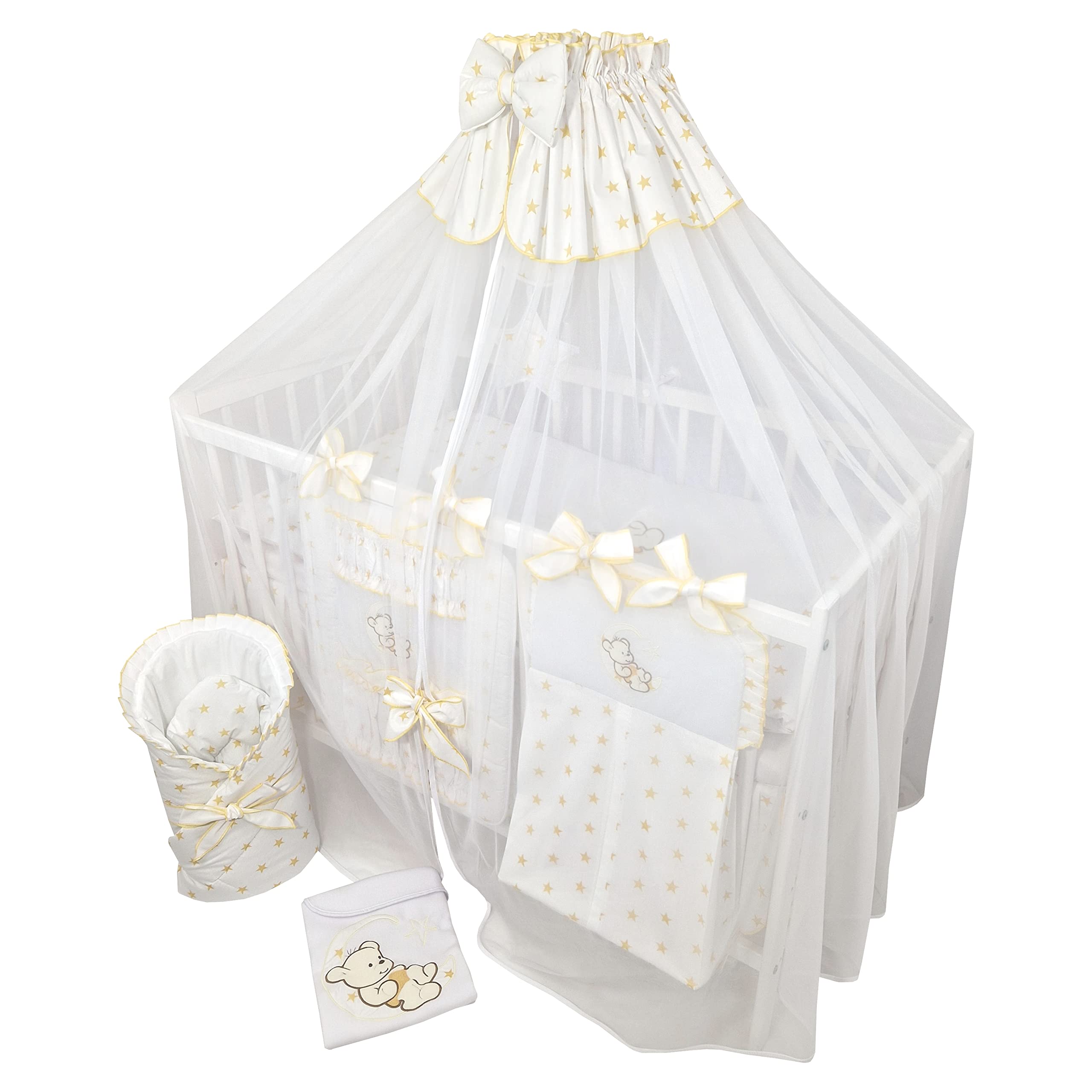 Juego Completo de 16 Piezas de Cuna y Ropa de Cama Happy Leo Incl. colchón Regulable en Altura para recién Nacidos y niños pequeños de Madera Maciza (Osito Luna Estrellas Doradas)