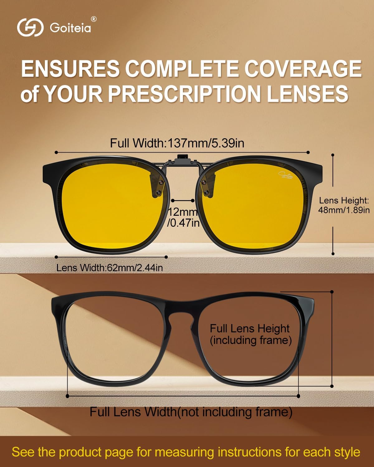 Goiteia Oversized Night Driving Glasses Clip on For Driving-Polarized Anti Glare From Headlights,Framed To Conceal Glasses