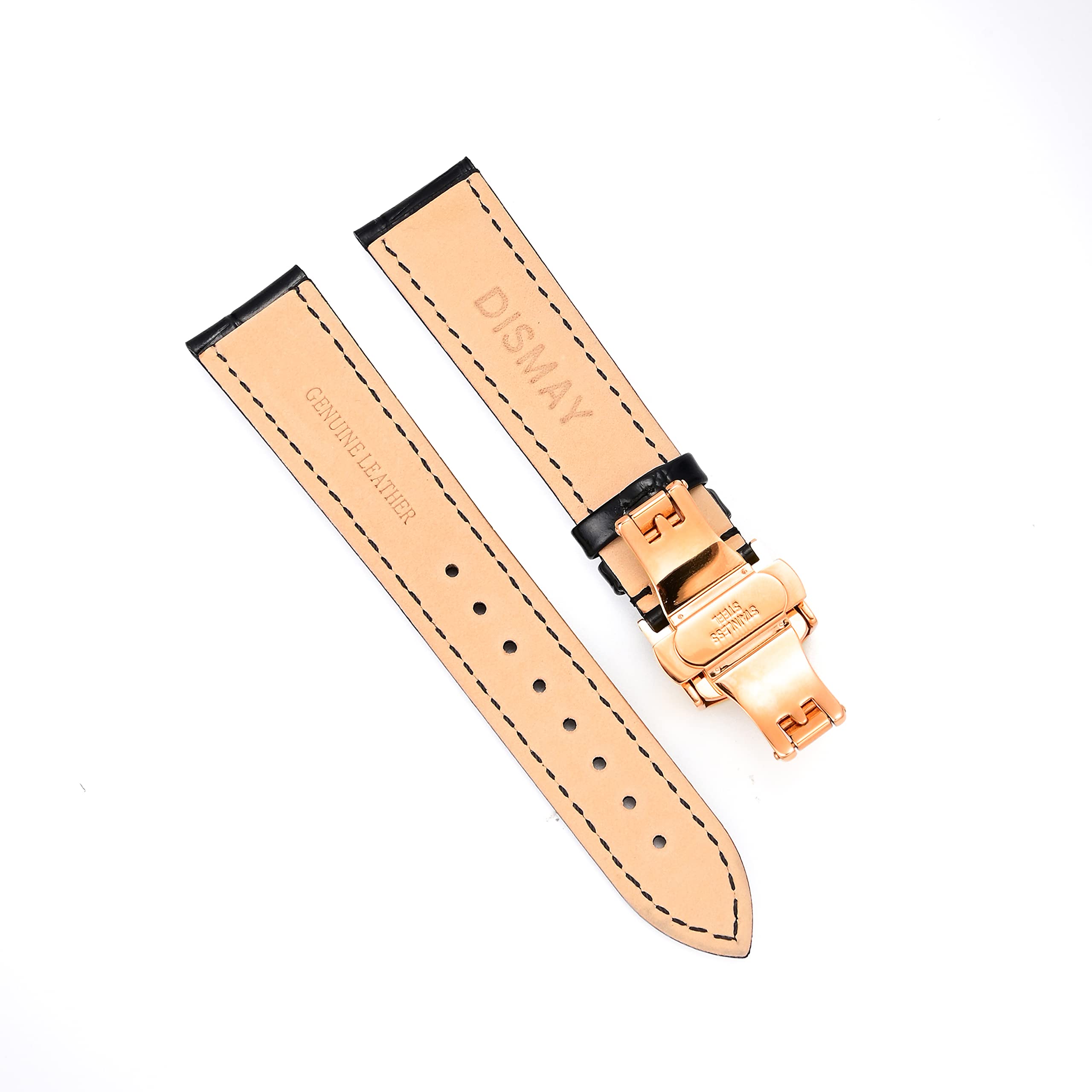 DISMAY Watch Band Strap Genuine Leather Alligator Patterned (22mm, Black & Rose Gold Butterfly Buckle)