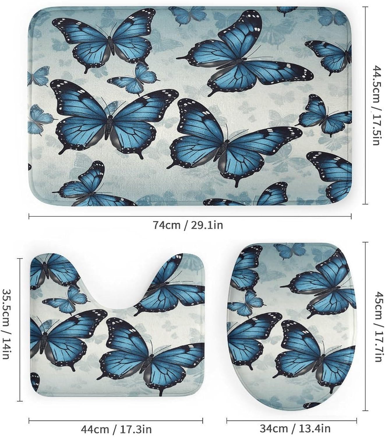 4Pcs Blue Butterfly Bathroom Sets Decor with Non-Slip Rugs Fashion Toilet Lid Cover Exquisite U-Shaped Mat Modern Shower Curtain with 12 Hooks Bathroom Decor Accessories image 3