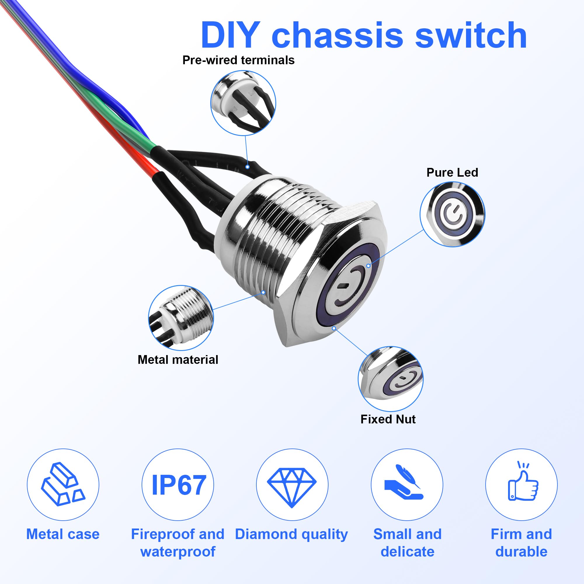 SinLoon Przełącznik komputerowy DIY przycisk zasilania 16 mm LED PC przełącznik zasilania z rozdzielaczem 1 w 2 niklowany aluminiowy przycisk mechaniczny IP67 wodoodporny (niebieskie podświetlenie