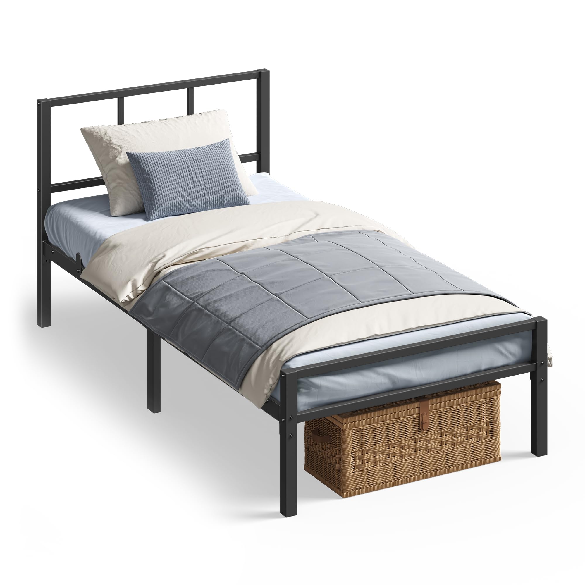 VASAGLE Einzelbettgestell, 90 x 200 cm, Bettrahmen mit Lattenrost, Kopfteil, Bett, aus Metall, bis 250 kg belastbar, einfache Montage, für Schlafzimmer, tintenschwarz RMB292B101