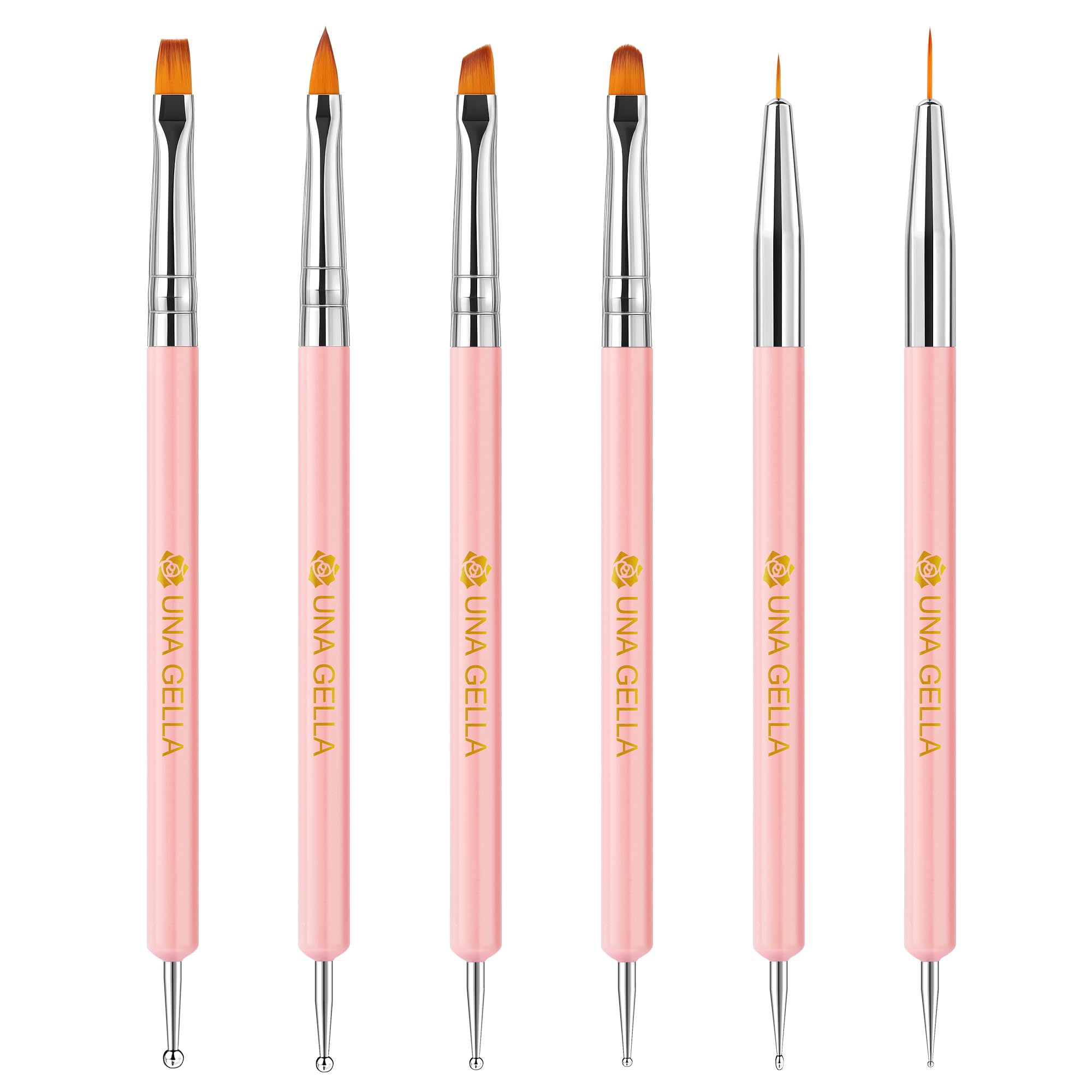 UNA GELLA Nail Art Brushes Set 6PCS Pink Color Double-ended Nail Design Dotting Tools Christmas Nail Art Gel