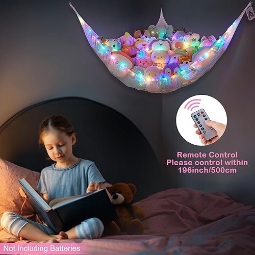 Miniatura 4 de Basumee Red de animales de peluche o hamaca con luz LED, hamaca de red de juguetes para almacenamiento de animales de peluche, hamacas para