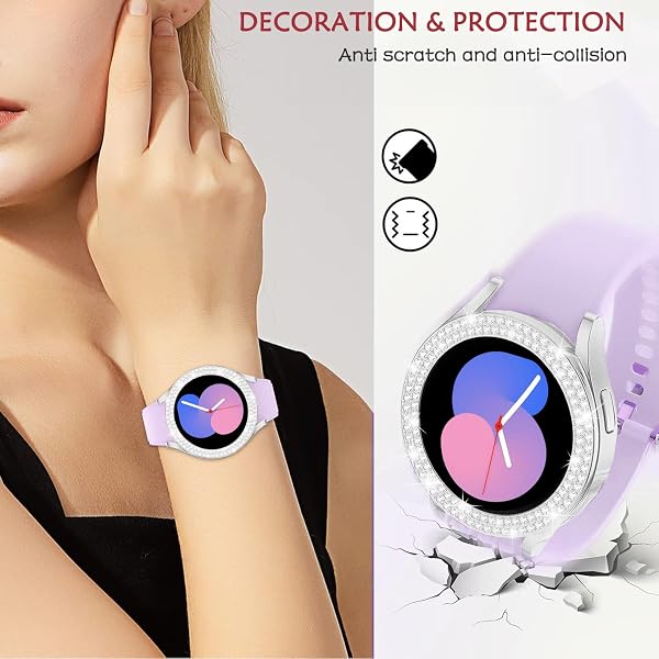 DEALELE [2-PACK] Case Compatible with Samsung Galaxy Watch FE / 5/4 40mm, Bling Double-row Diamond PC Protective Case Protector Cover, 40mm, Silver + Transparent - 3
