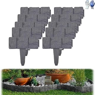 Imitation Stone Garden Fence, Plastic Retaining Edging Border, Grey Cobbled Effect Landscape Decor Interlocking Decorative Panels Yard Grass Edge Flower Bed Path Lawn Outdoor Picket (Gray, 10 Pcs)
