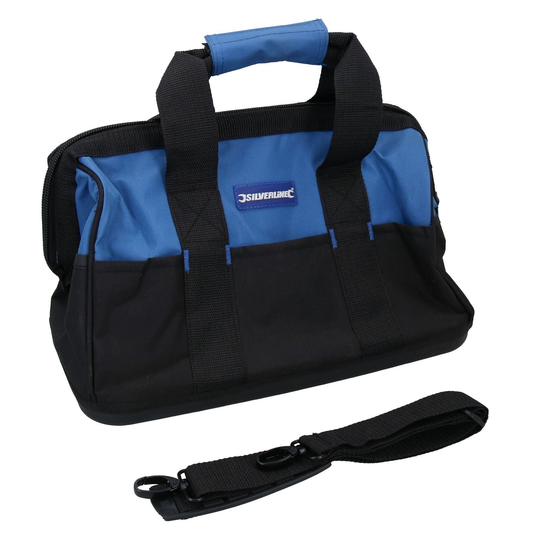 Sac à outils avec base rigide large ouverture grand volume et sangles de transport