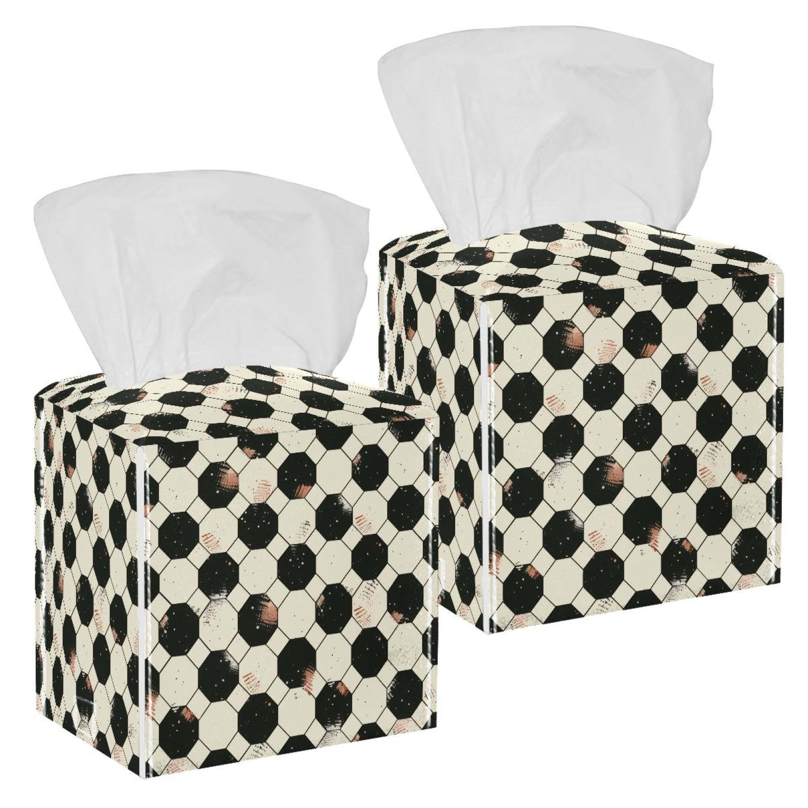 Soccer Pattern Tissue Box Cover, 2 Pack PU Leather Square Facial Tissue Dispenser Box holder for Home Office Car