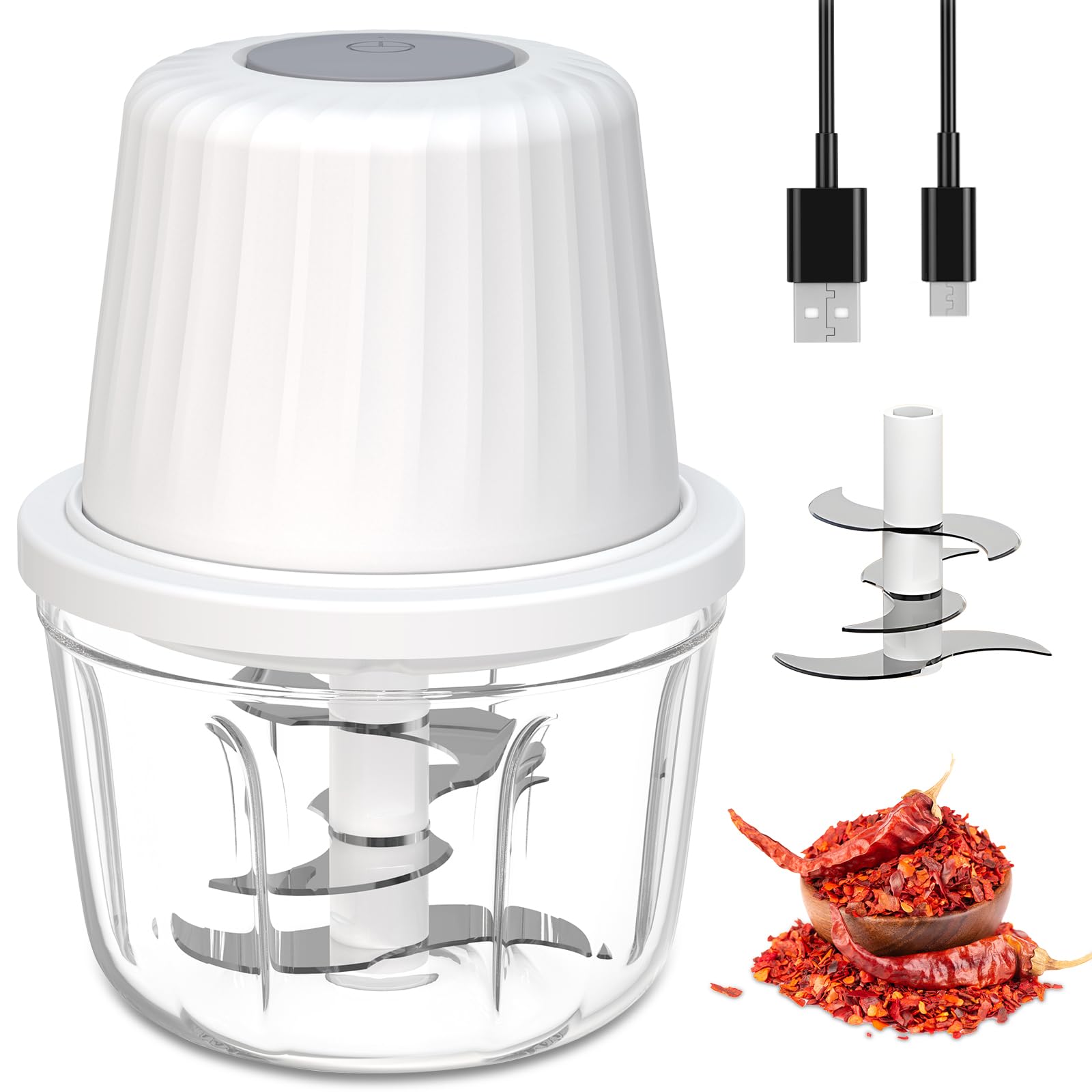 Small Food Processor, 400ml Mini Chopper Electric with 6 Blades, USB Rechargeable Vegetable Onion Chopper, Wireless Meat Blender Grinder, Cordless Garlic Crusher Mincer, Battery Kitchen Mixer, White