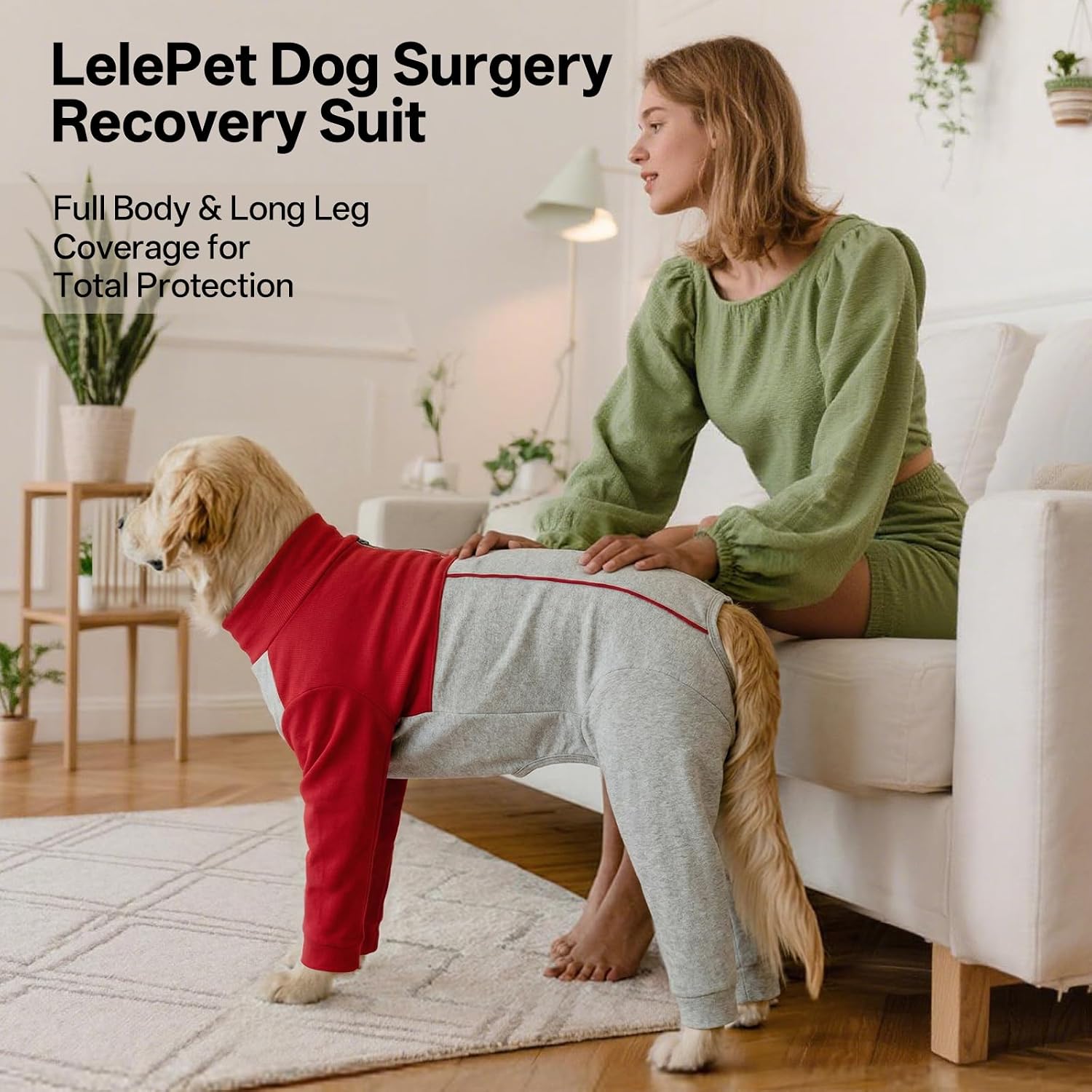 Lelepet Dog Recovery Suit Female, Surgery Suit for Dogs Male Neuter, Long Sleeve Zipper Prevent Licking Surgical Onesie, Snug Comfortable Pajamas for Spay Skin Issue Allergies Wound Incision, Red, XL