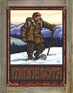 Minnesota Snowshoer Rustic Metal Print on Reclaimed Barn Wood from Travel Artwork by Artist Paul A. Lanquist 8.5" x 11.5"