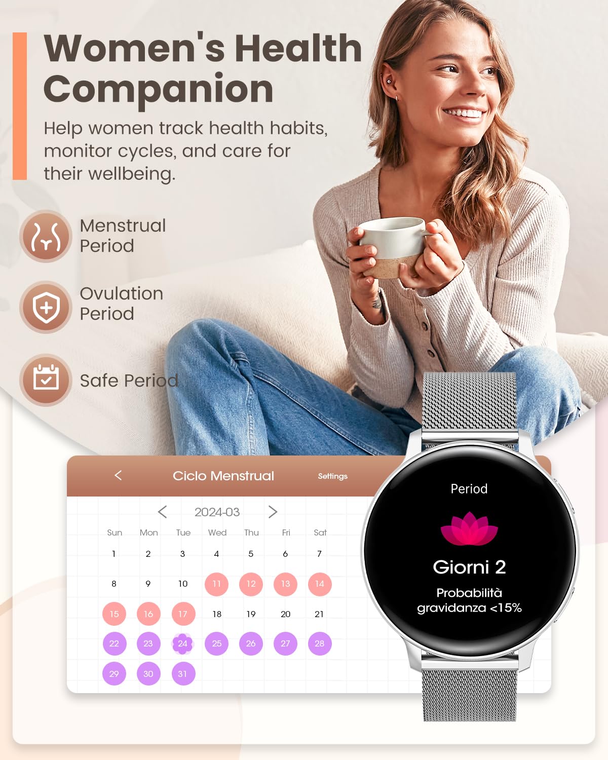 Sanorum Smartwatch Donna, 1.39" Orologio Smartwatch con Chiamate, Fisiologia Femminile, 24H Cardiofrequenzimetro SpO2, Sonno, 120+ Sport, Notifiche, Smart Watch Fitness per iOS Android Argento