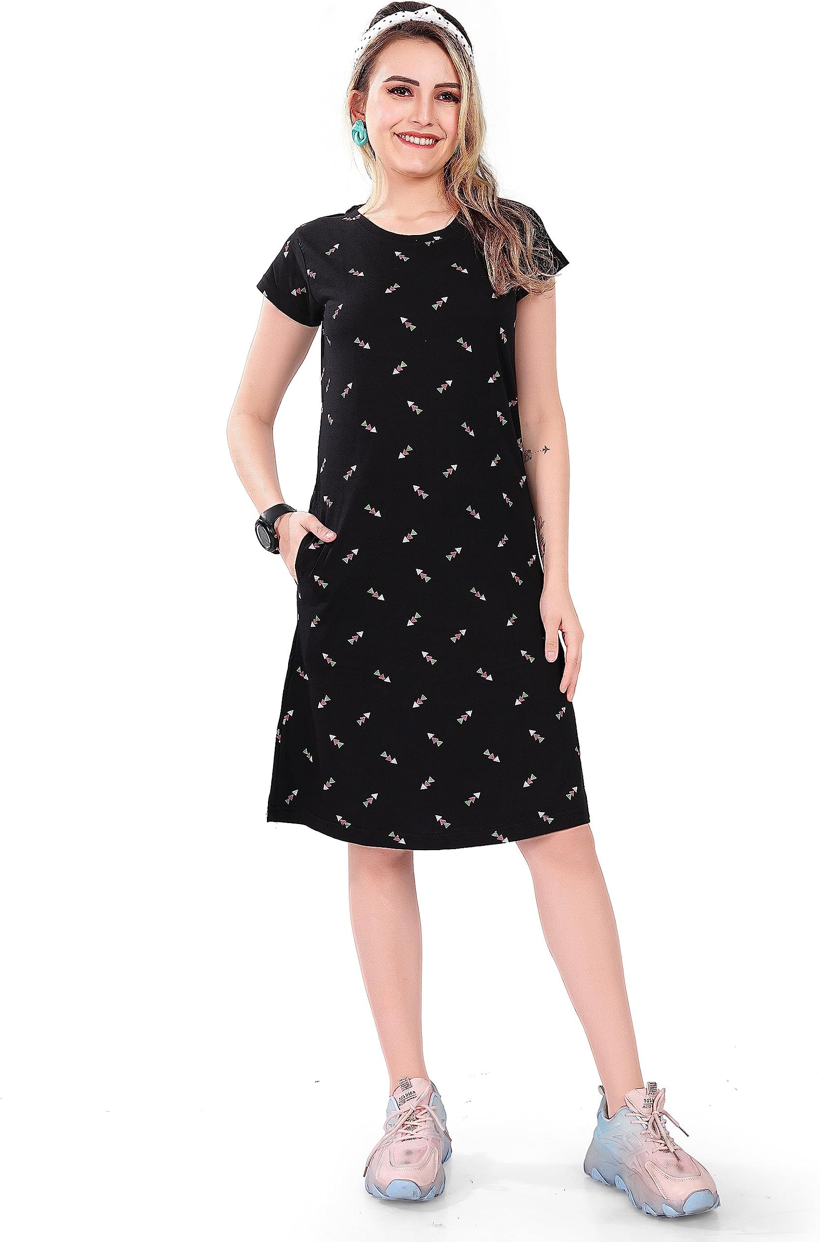 KRV Women's Hosiery Cotton Polka Print Knee Length Night Shirt/Short Nighty/Casual Nightgown/Long T-Shirt Nighty