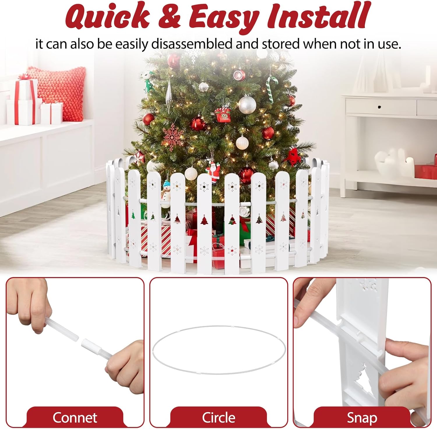 Christmas Tree Fence, Holiday Decoration White Picket Fence Plastic PVC Heavy Duty, Small Fence Panel Around Artificial Real Xmas Trees, Fence Gate to Go, Freestanding Circle Barrier for Toddler Cats