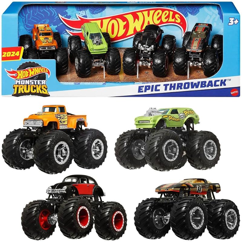 Monster Trucks Paquete de 4, juego de 4 vehículos de juguete a escala 1:64 con ruedas gigantes (los estilos pueden variar)
