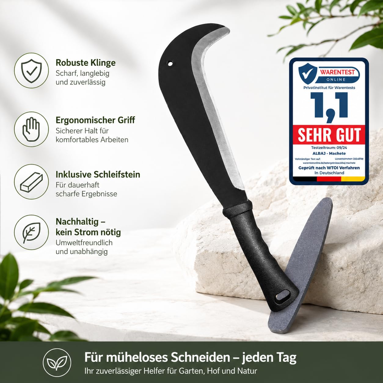 Schweizer Gertel - traditionelle scharfe Machete - nachhaltige Sichel 34cm- inklusive gratis Schleifstein – umweltfreundliche Handsichel