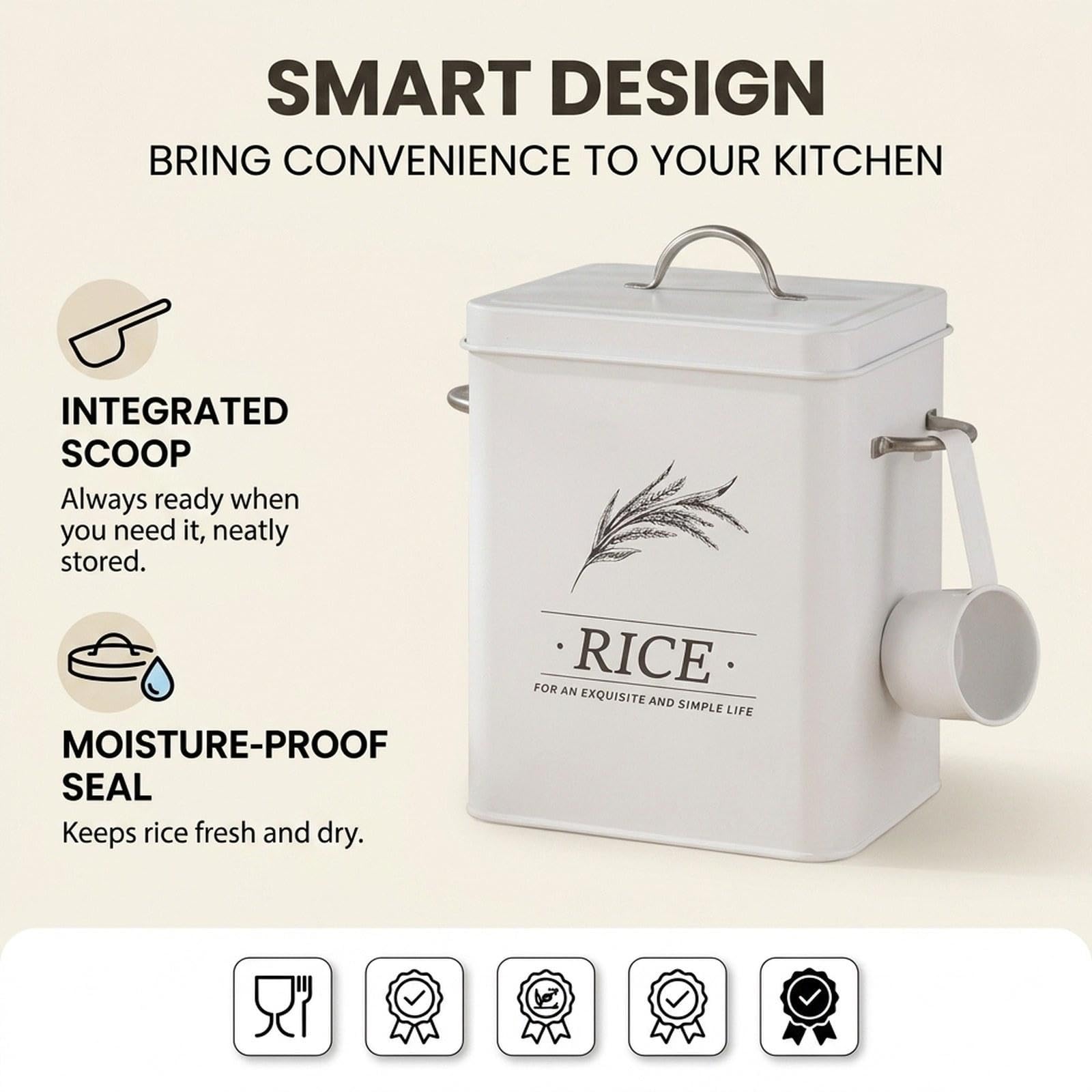 Recipiente para Arroz, Cuchara, Lata, Cubo de Cereales para Despensa, Cocina, Comida para Gatos