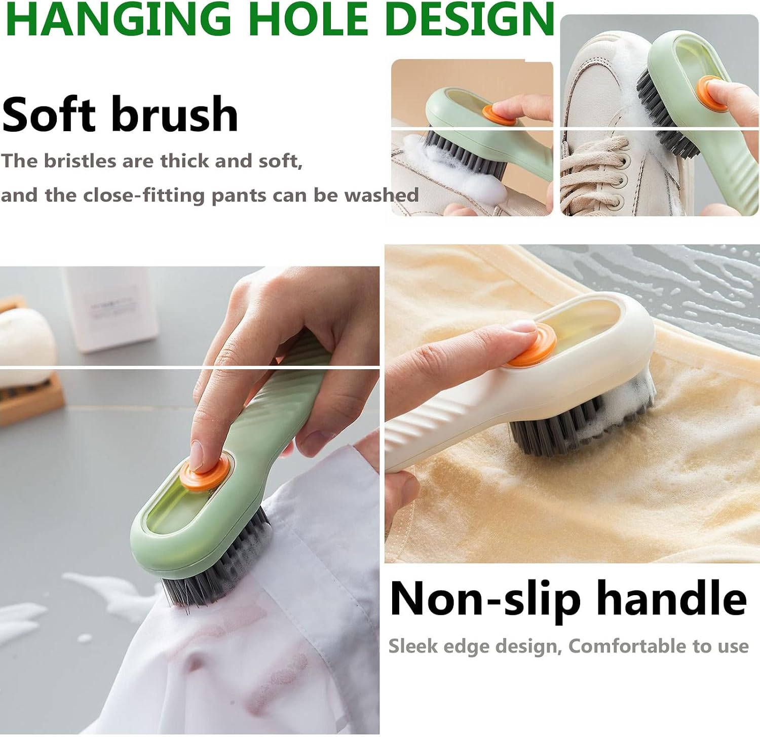 2pcs Liquid Adding Soft Fur Cleaning Brush, Multifunctional Shoe Brush with Liquid Box for Shoe Washing and Cleaning, Bathroom, Kitchen, Soft Laundry Clothes (White+Green)