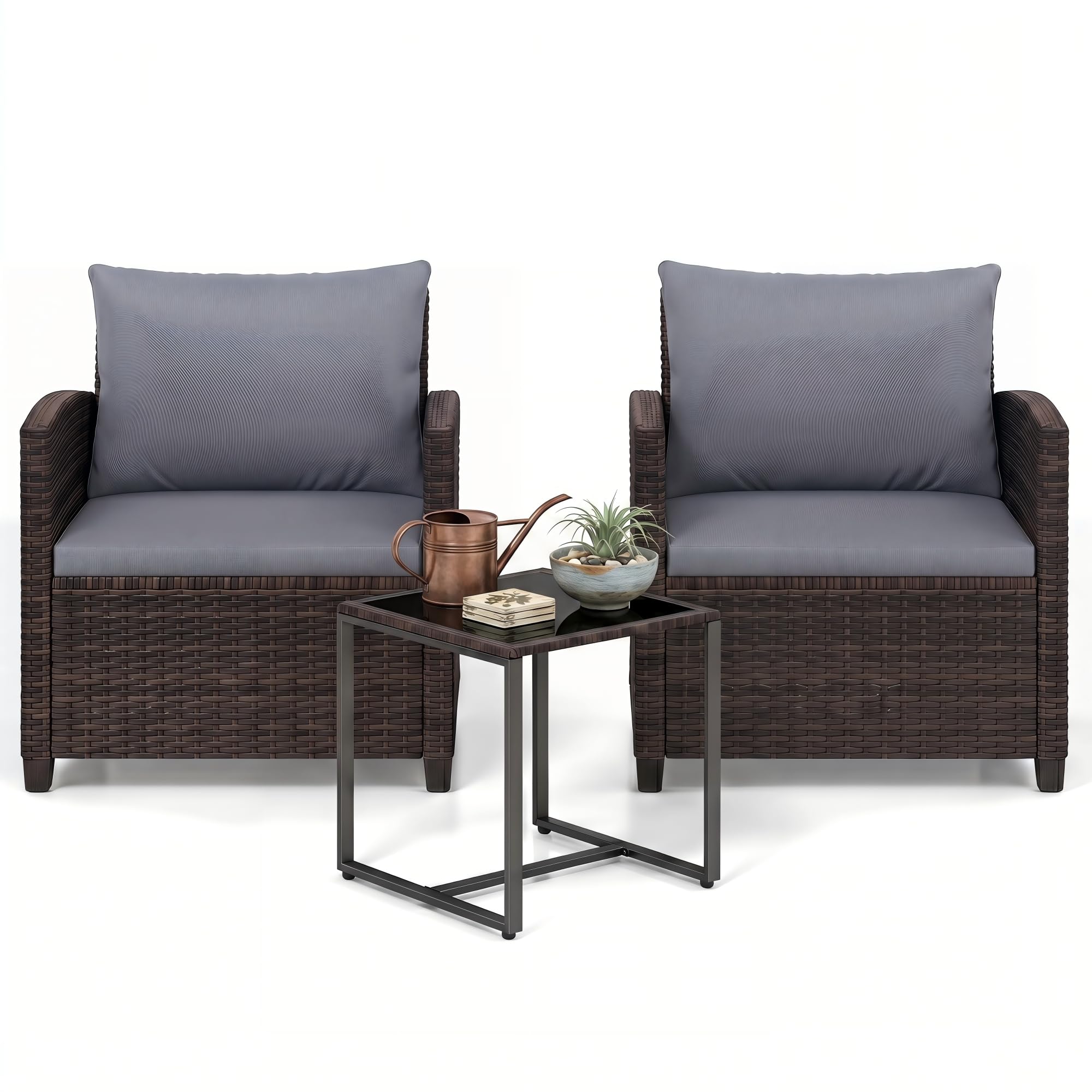 GIANTEX Set da Giardino 3 Pezzi, Salotto Esterno 2 Poltrone con Cuscini + Tavolino in Vetro, Marrone+Grigio