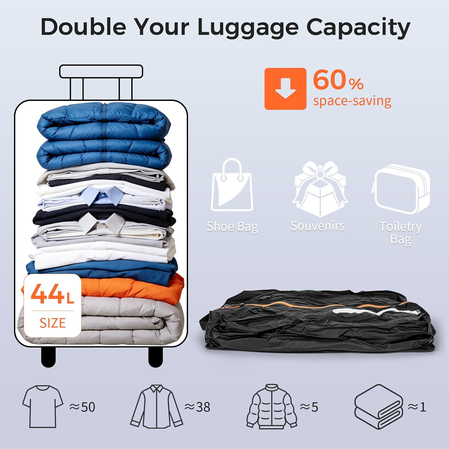 44L Extra Large Vacuum Bags for Travel with Wireless Electric Pump, Heavy Duty 210D Nylon Compression Packing Cubes for 24"/28" Luggage, IP67 Waterproof & Privacy Black image 3