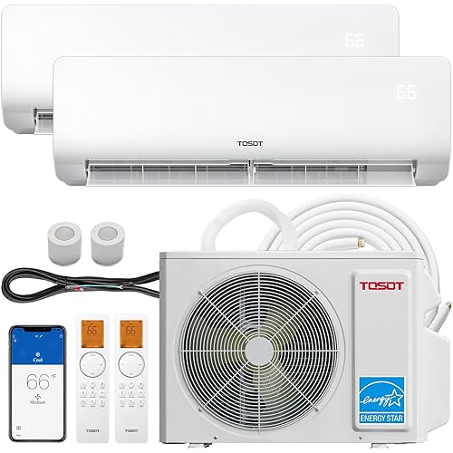 TOSOT 18,000 BTU Dual 2 Zone Mini Split Air Conditioner with Heat Pump, 21 SEER2, 230V, Wifi-Enabled Ductless Inverter Split System with 16.4 ft Copper Line Set, 9,000 + 9,000 BTU, Cosmo Series
