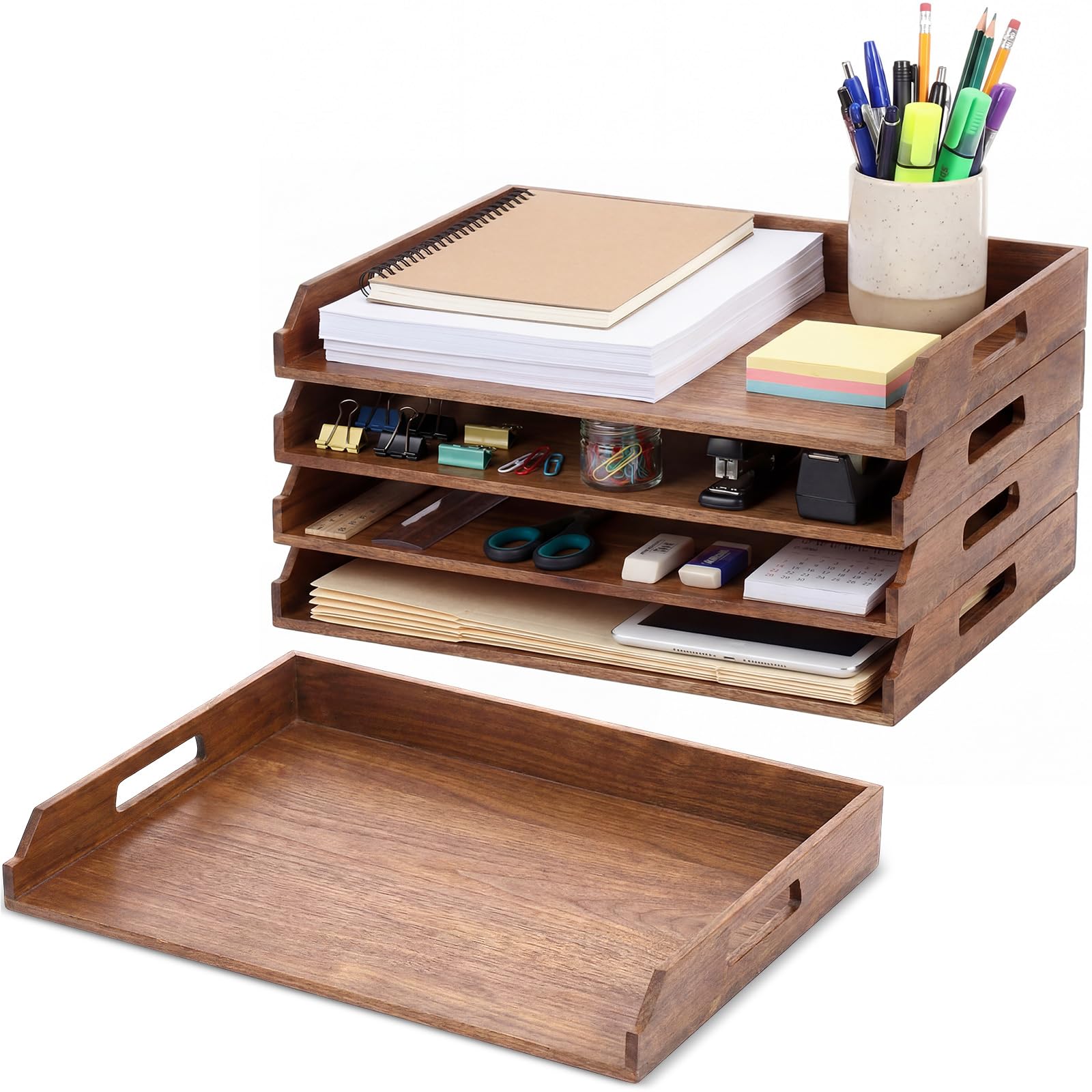 AceOrbit 4 bandejas de papel apilables de madera de bambú, organizador de escritorio, bandeja de cartas, organizador de archivos de madera de 4 niveles, estante de escritorio para documentos