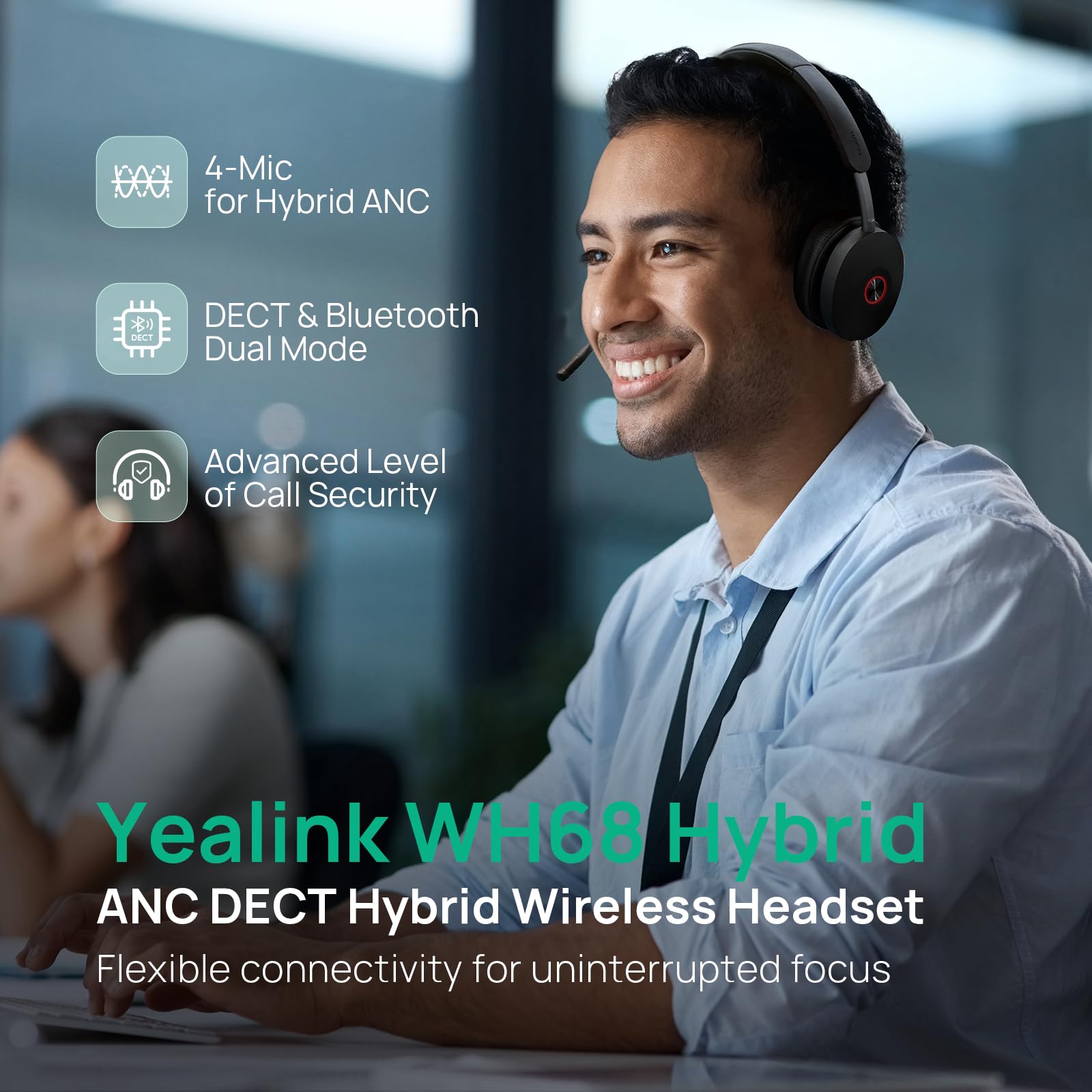 Yealink WH68 Hybrid ANC DECT & Bluetooth Ohrhörer mit Mikrofon - Dettaglio