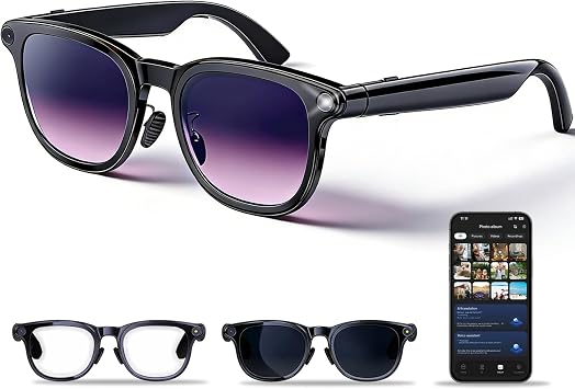 AI Smart Glasses with Camera, 8MP Camera Photos & 1080P Video Recording, Real-Time Translation, Voice Assistant, Open-Ear Audio for Vlogging, Travel, Business 3 Lenses