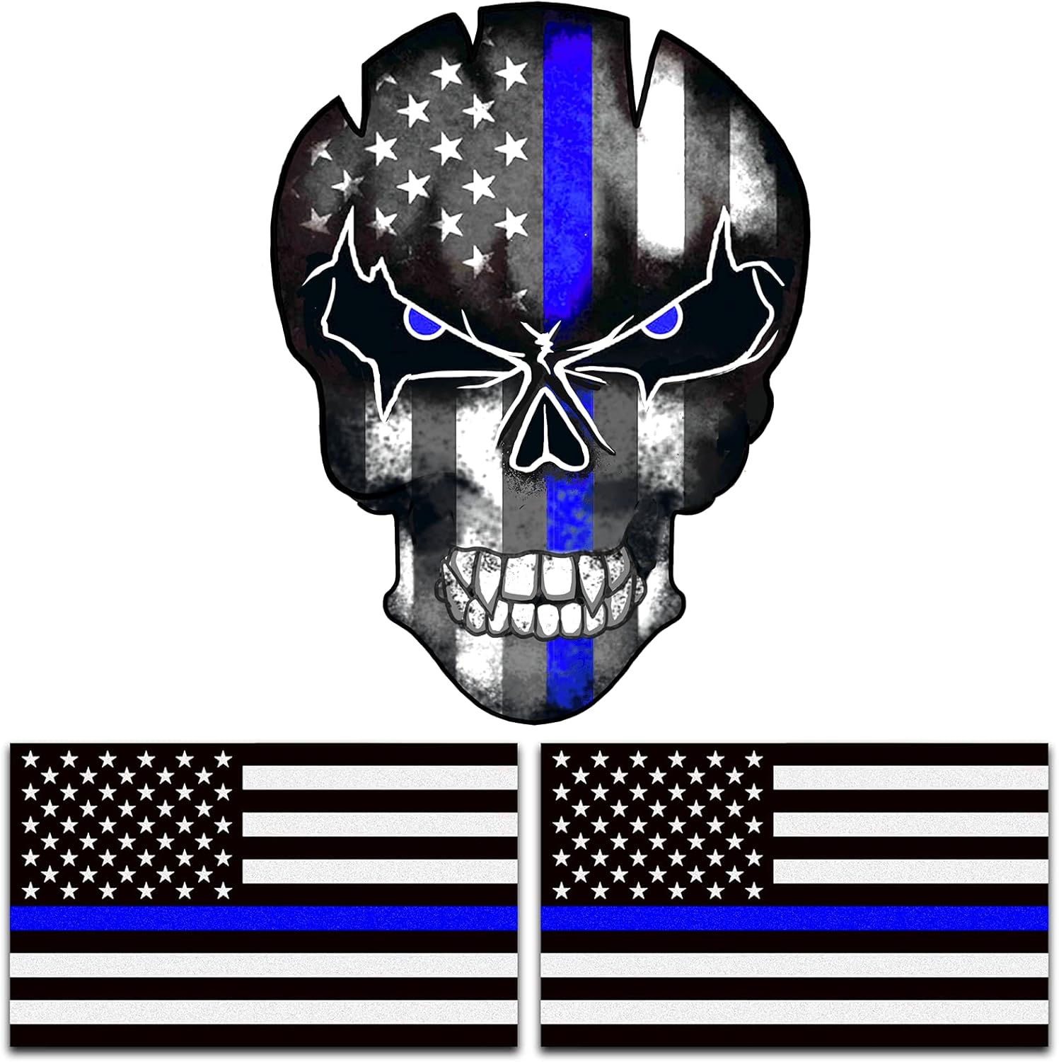 3 Pcs of Reflective Thin Blue Line American Flag Stickers and Skull Tattered Subdued US Flag Reflective Car Decal with Thin Blue Line, Compatible with Motorcycles, Cars & Trucks. -