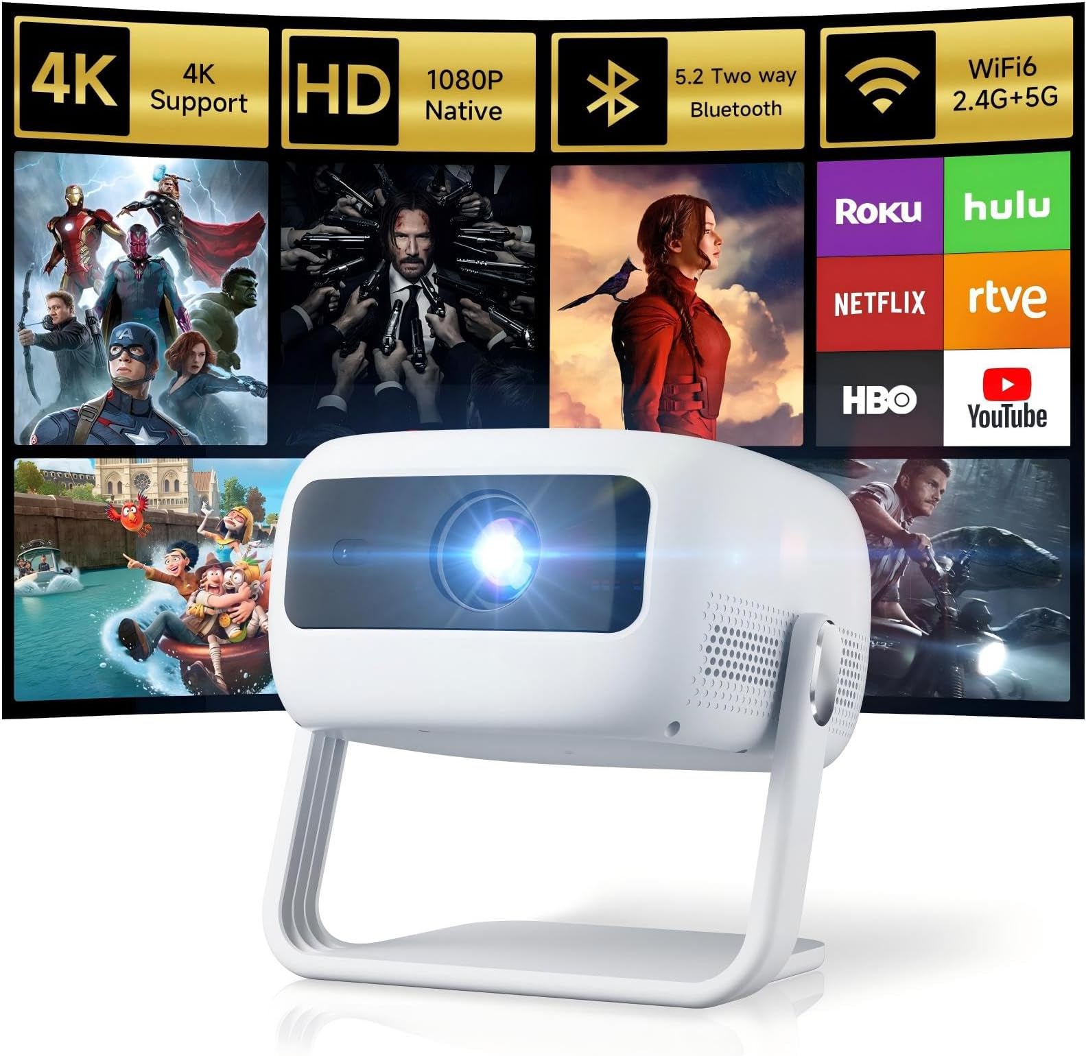 [360°Adjustable Stand] Mini Projector with WiFi and Bluetooth: Electric Focus