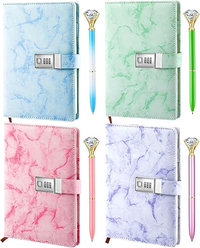 Zonon Diario con cerradura para niñas, de piel sintética de mármol, A5, combinación con bolígrafo de diamantes, regalos de regreso a clases,
