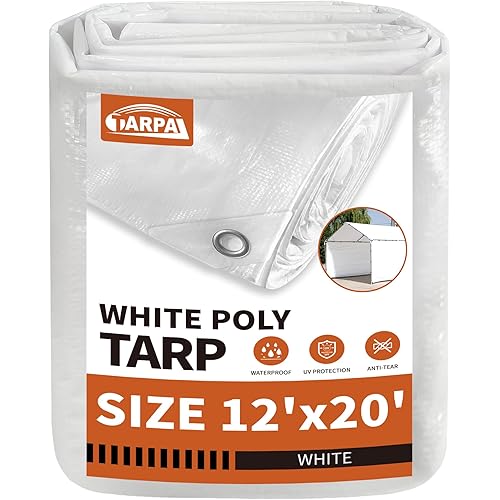 TARPAL 12'x20' White Tarp Waterproof 7.5 mil Medium Duty All Purpose Poly Tarps Cover Waterproof,Snow Proof UV Protection,Rip and Tear Proof,Poly Tarpaulin
