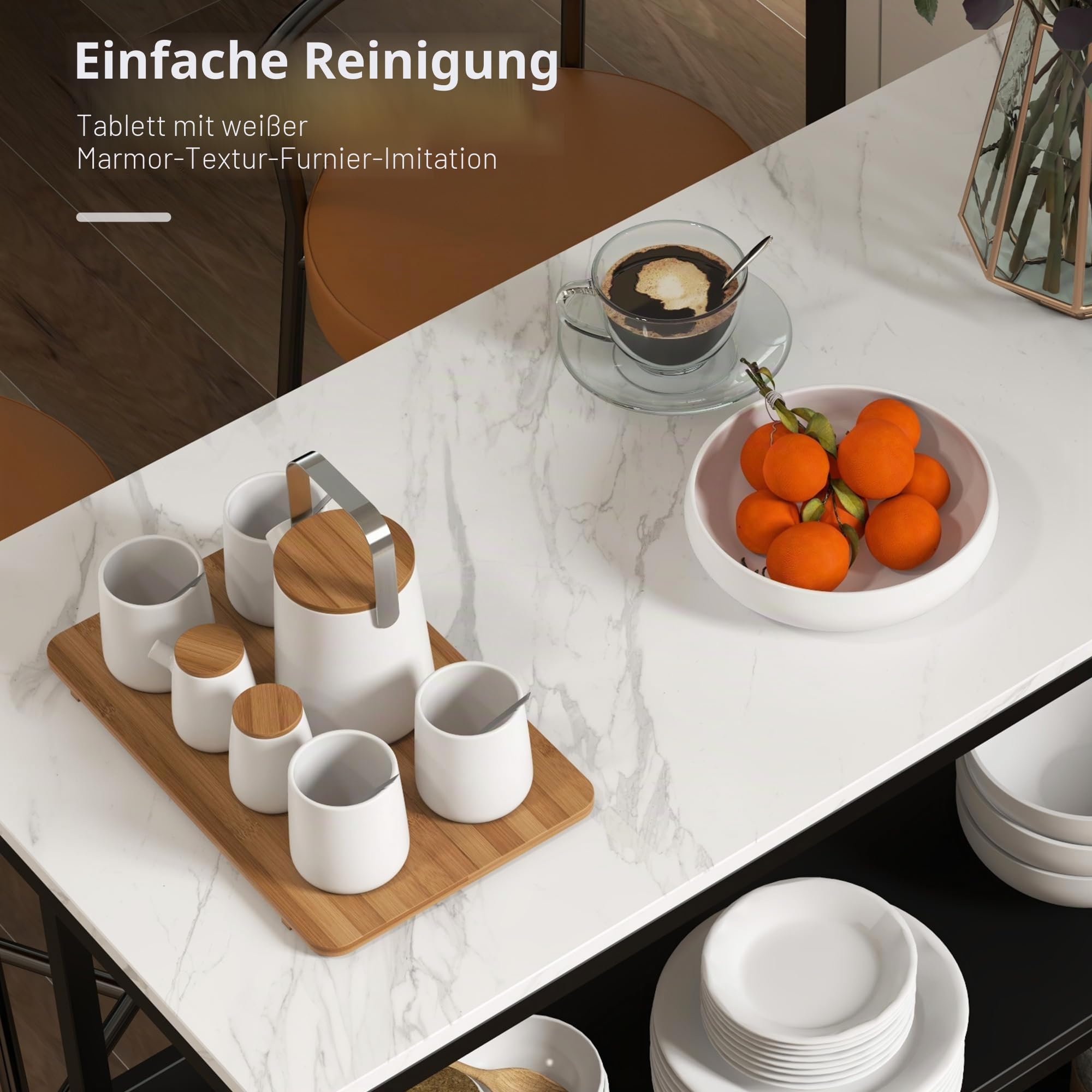 HOMCOM Kücheninselwagen, Küchenmöbel, Platte in Marmoroptik, Stahlstruktur, 2 Regale, Aufbewahrungsmöbel für Wohnzimmer, moderner Stil, 100 x 50 x 90 cm, Schwarz