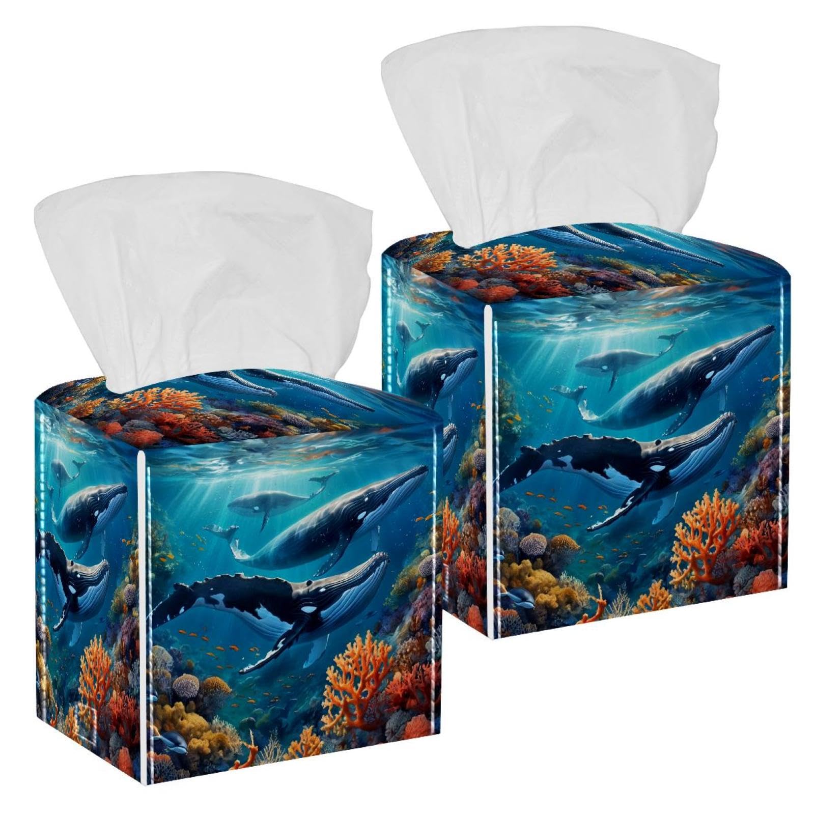 Cute Whale Tissue Box Cover, 2 Pack PU Leather Square Facial Tissue Dispenser Box holder for Home Office Car