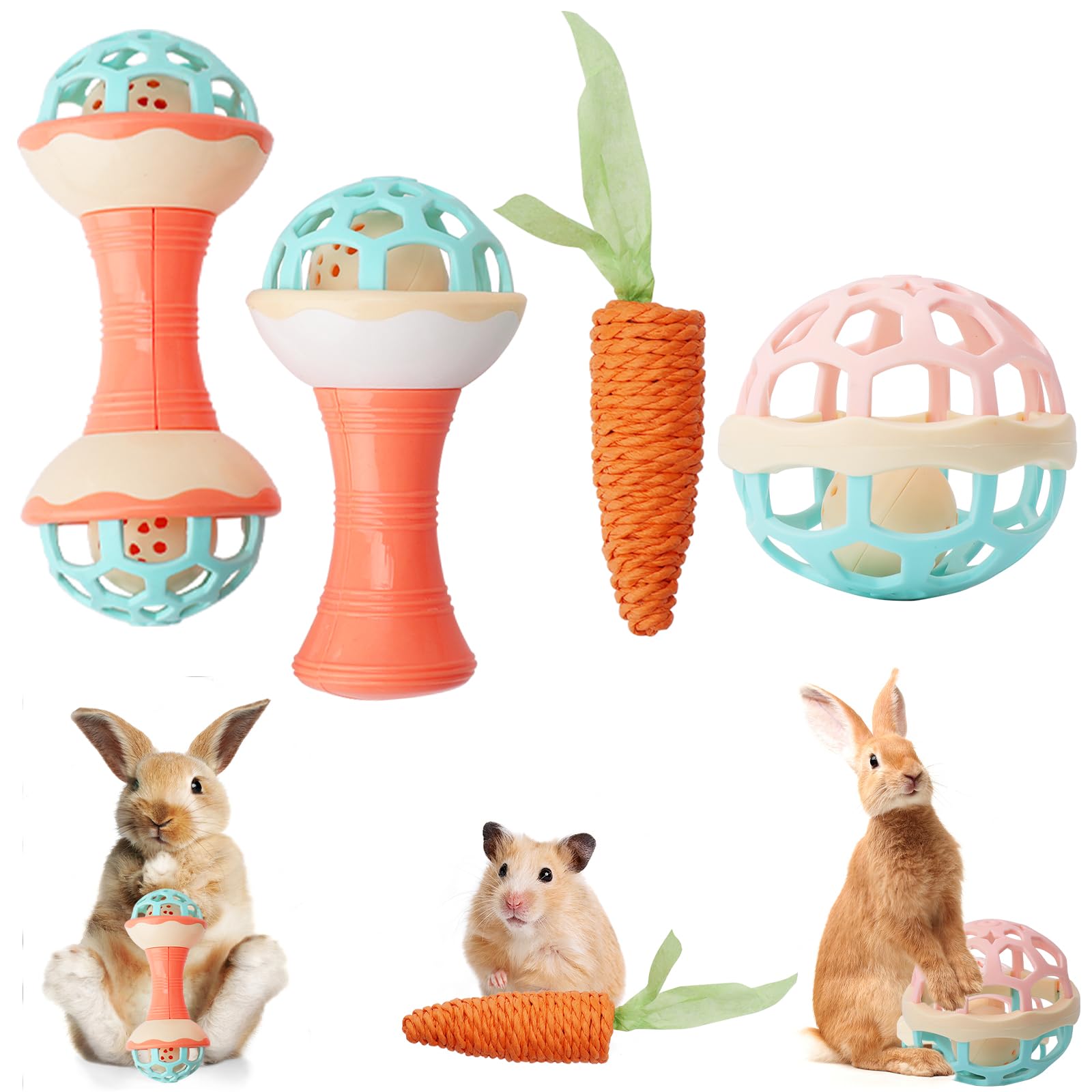 FIDWALL 4 Pcs Bell Ball Rabbit Toys Set including Carrot Chew Toy,Premium Rabbit