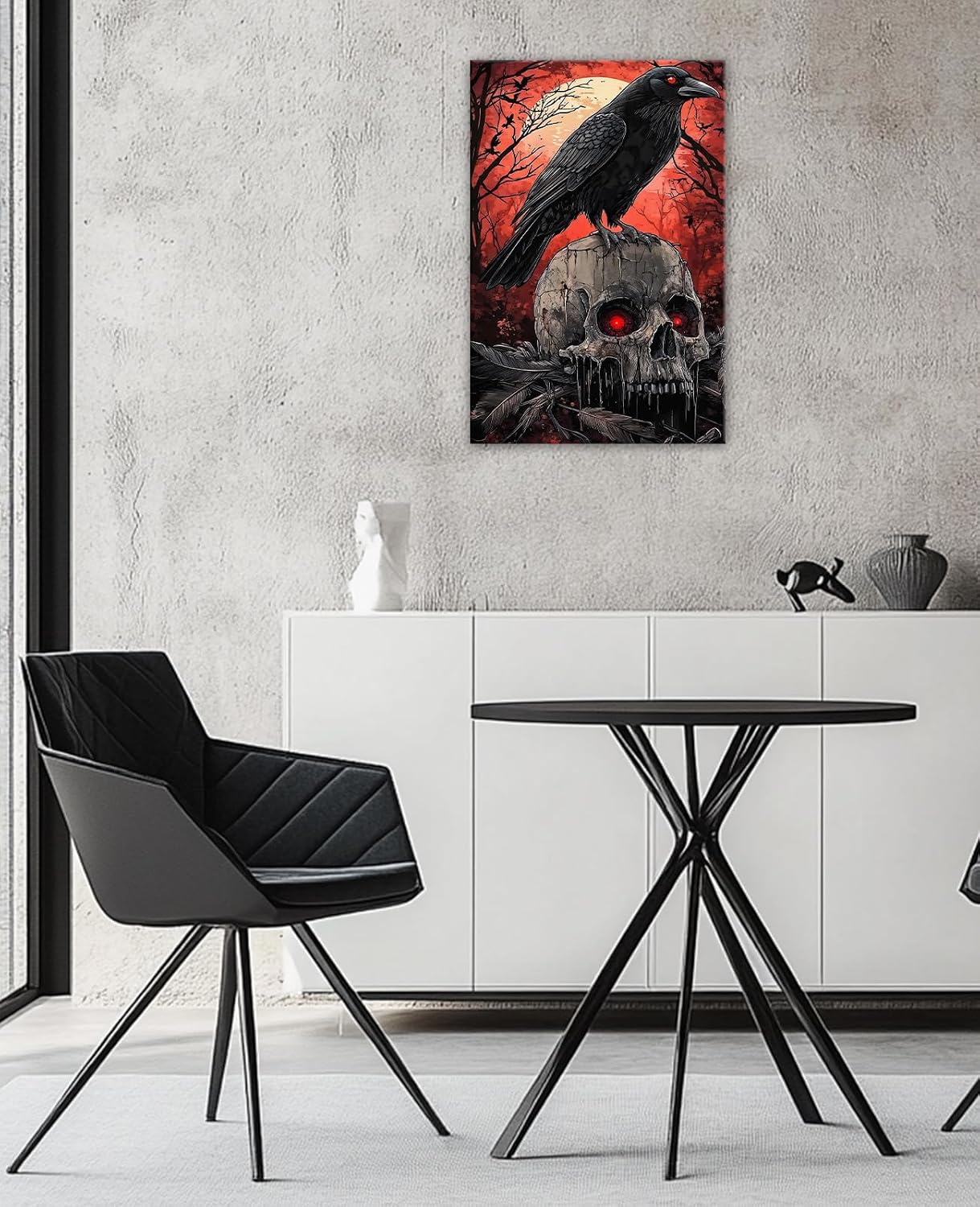 Black Raven Wall Art Raven and Skull Canvas Print Picture Dark Academia Red Moon Poster Framed Artwork for Living Room Halloween Home Wall Decor(Artwork-4,12"x18")
