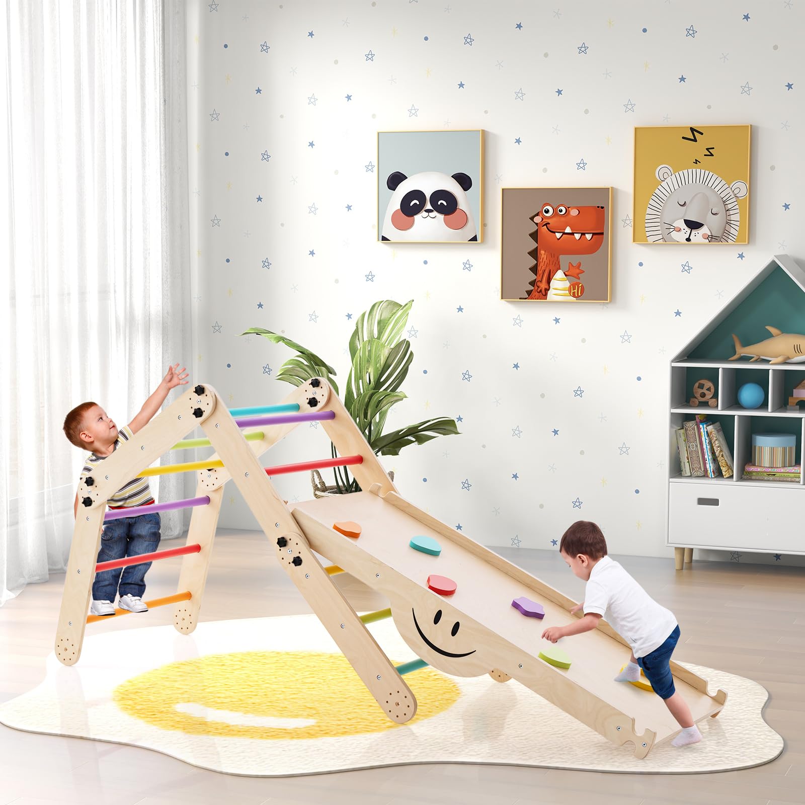 COSTWAY 5 in 1 Set da Arrampicata per Bambini, Giochi da Arrampicata Pieghevoli in Legno con Rampe Regolabili e Reversibili, Scala da Arrampicata per Bambini 3+ Anni (Colorato)